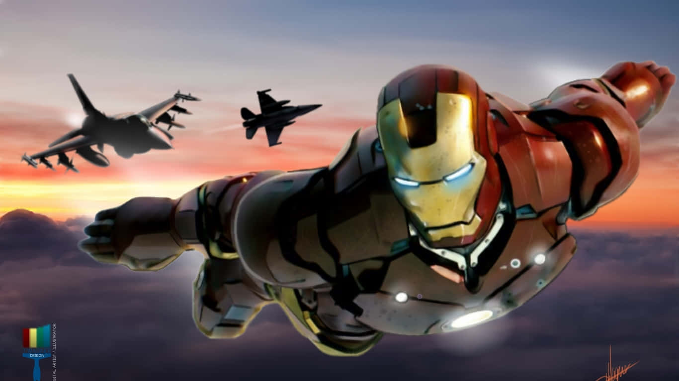 1366x768 Mandhari ya Jumbo Jets na Iron Man Picha ya Ukuta
