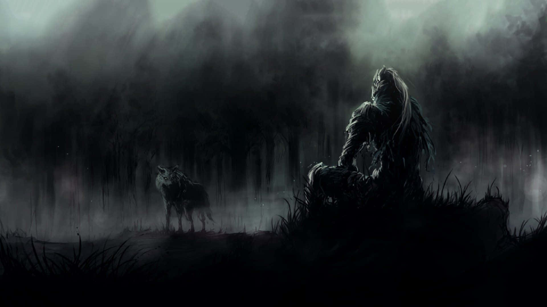 1920x1080 Nyeusi Mbwa Mwitu Mweusi wa Dark Souls na Mtu Picha ya Ukuta