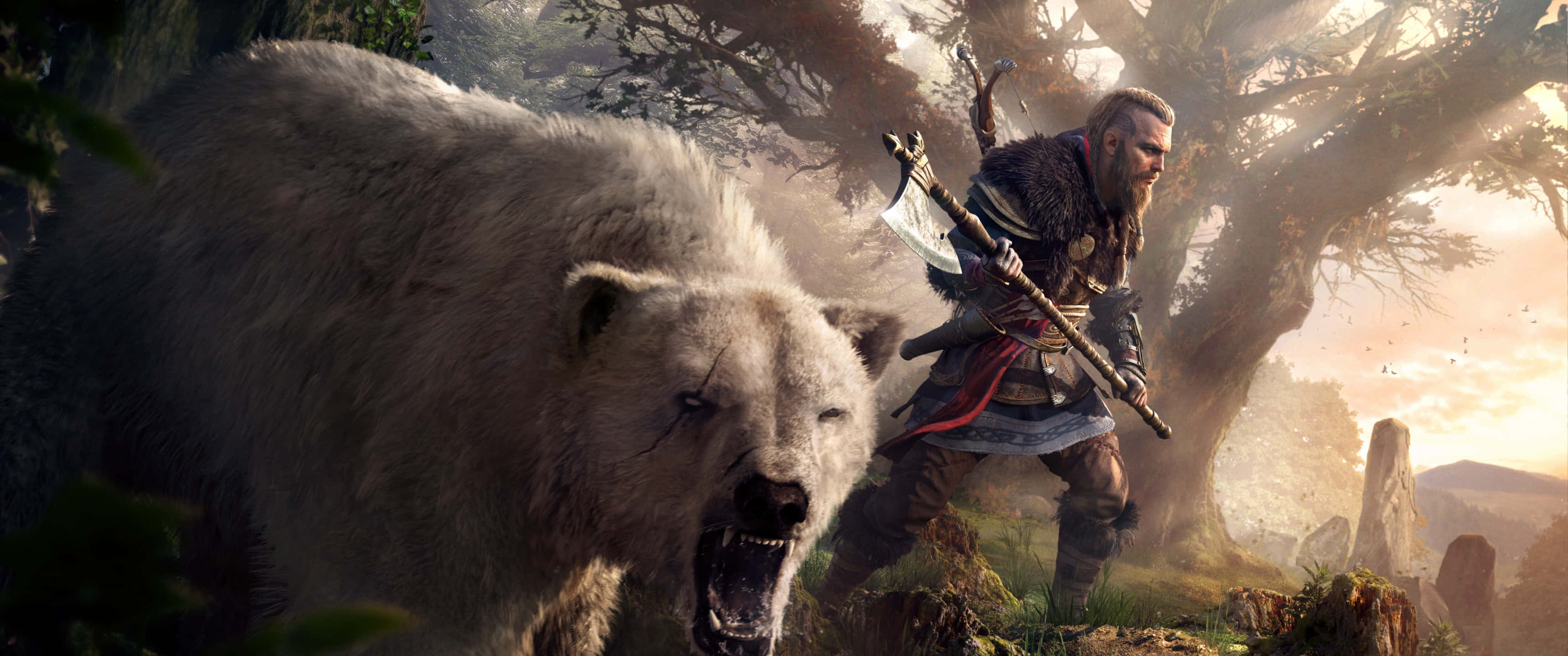 3440x1440p Assassin's Creed Odyssey Mandhari ya Shujaa na Dubu wa Aktiki Picha ya Ukuta