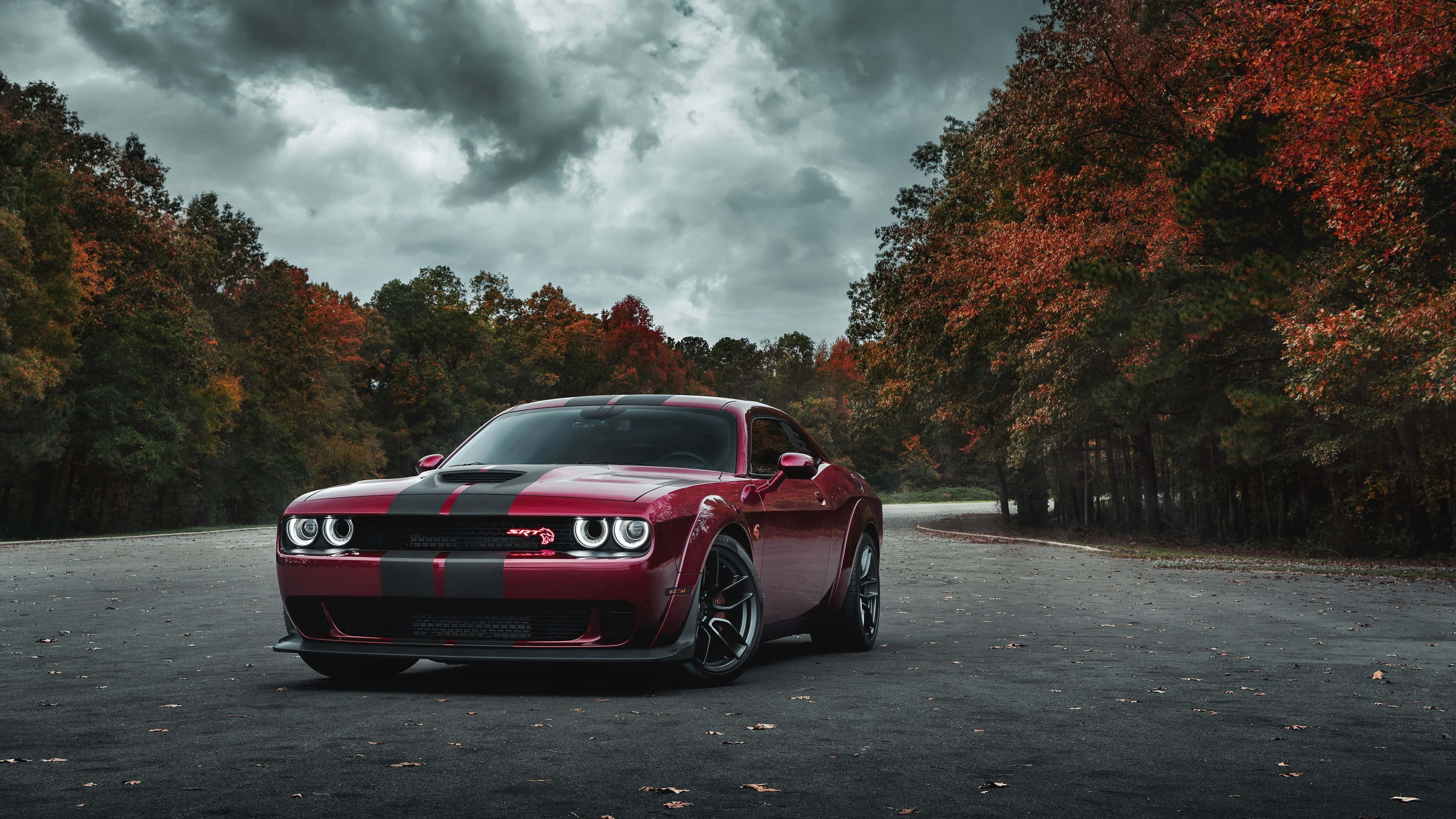 4K Dodge Hellcat Kwenye Kituo cha Magari Msituni Picha ya Ukuta
