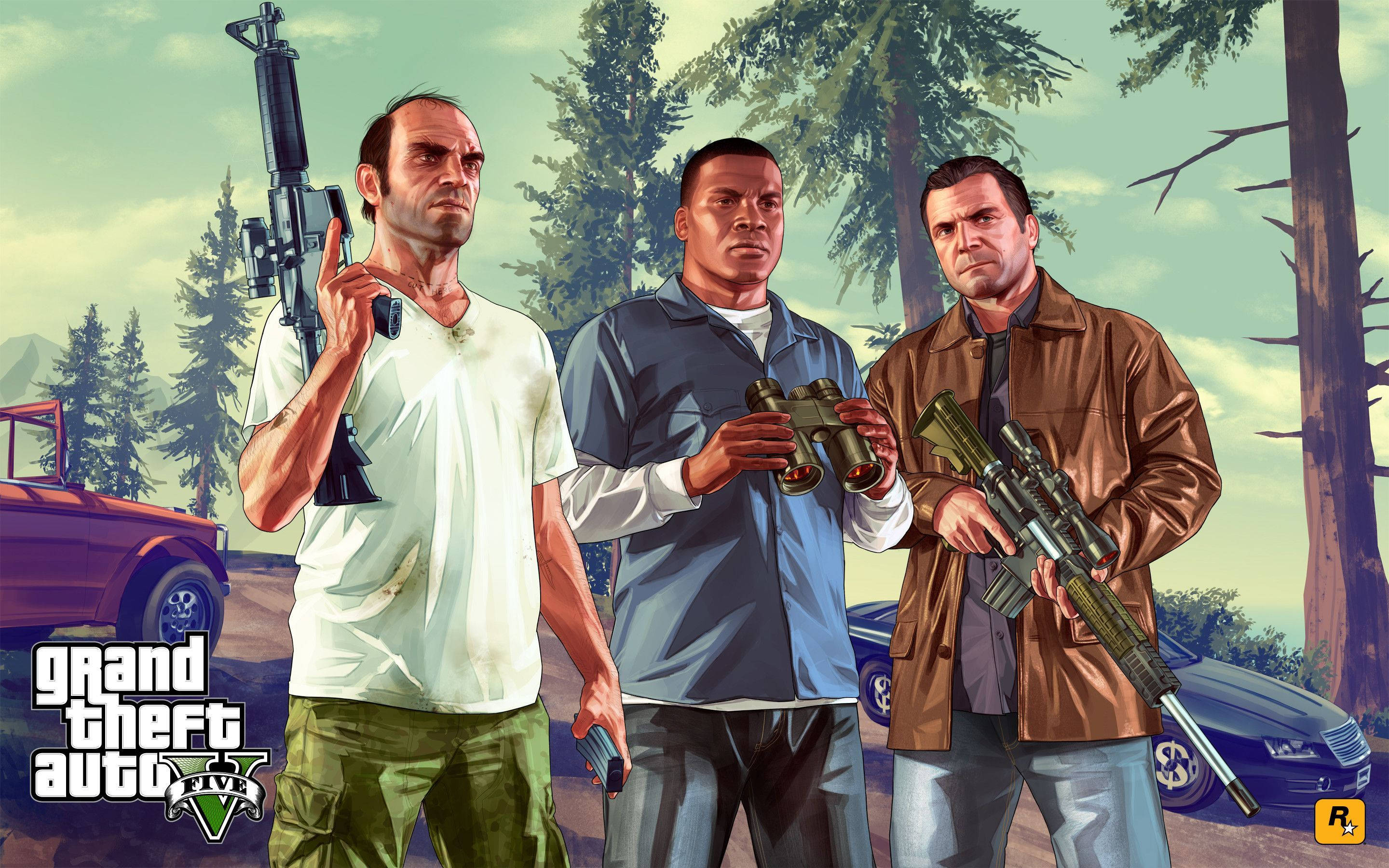4K GTA 5 Trevor Franklin Michael Wakiwa na Bunduki Picha ya Ukuta