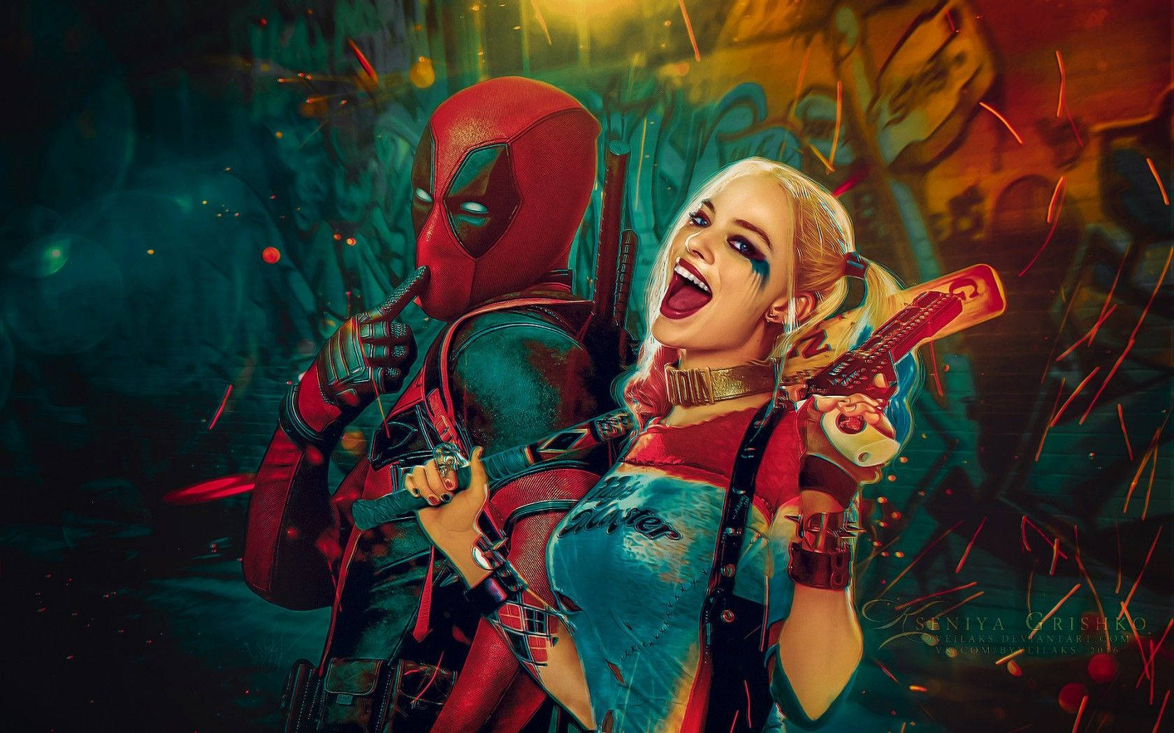 4K Harley Quinn Akiwa na Deadpool Picha ya Ukuta