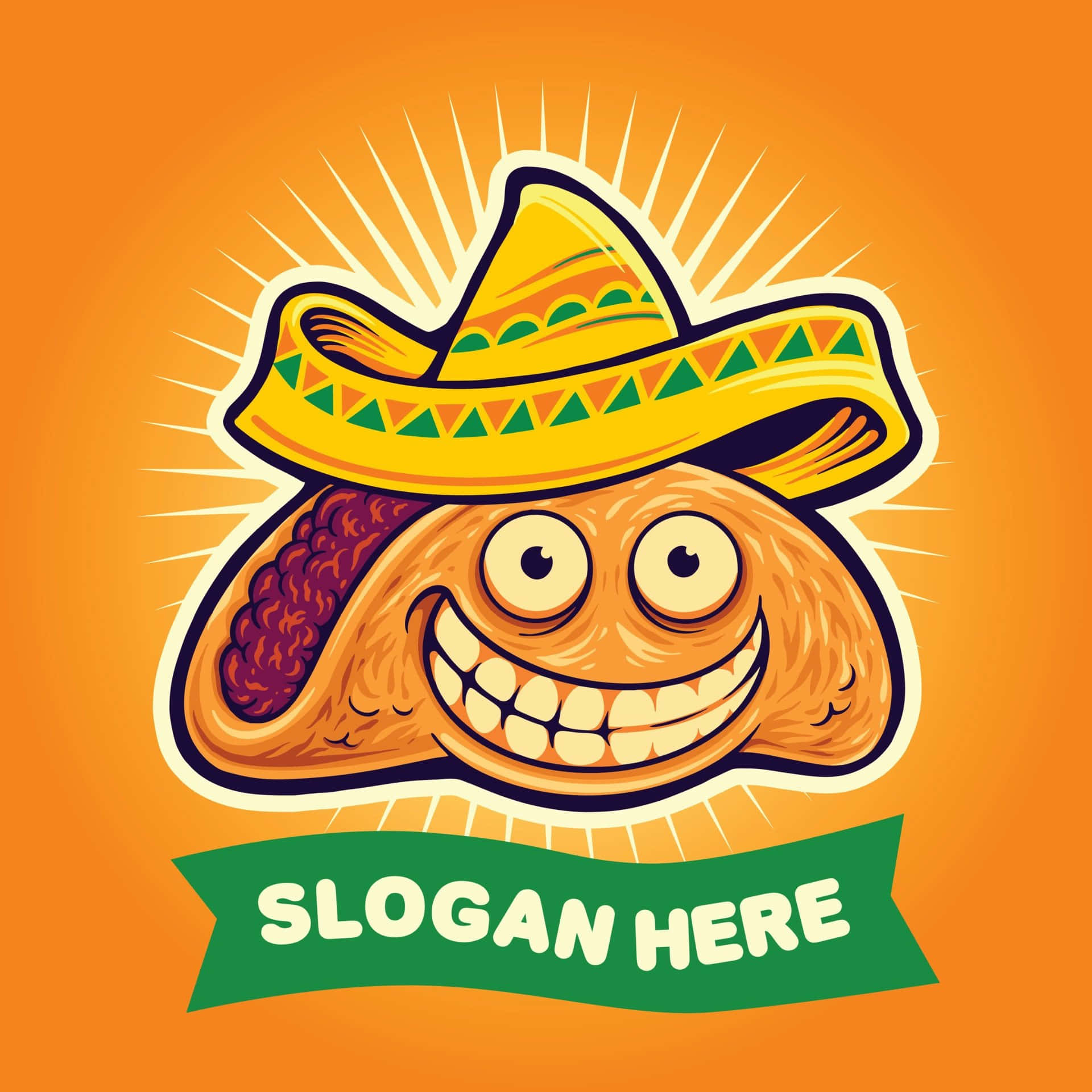 a cartoon taco with a sombrero on an orange background Picha ya Ukuta