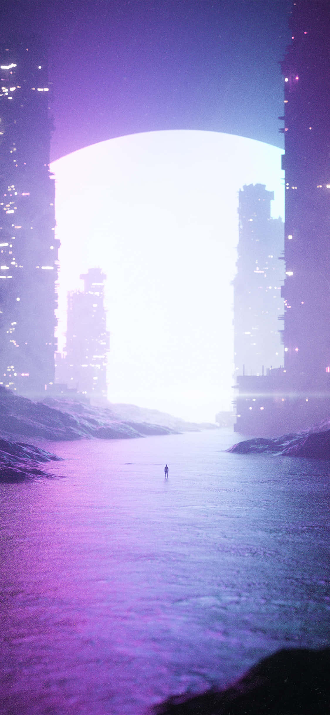 a city with a purple sky and a city in the background Picha ya Ukuta