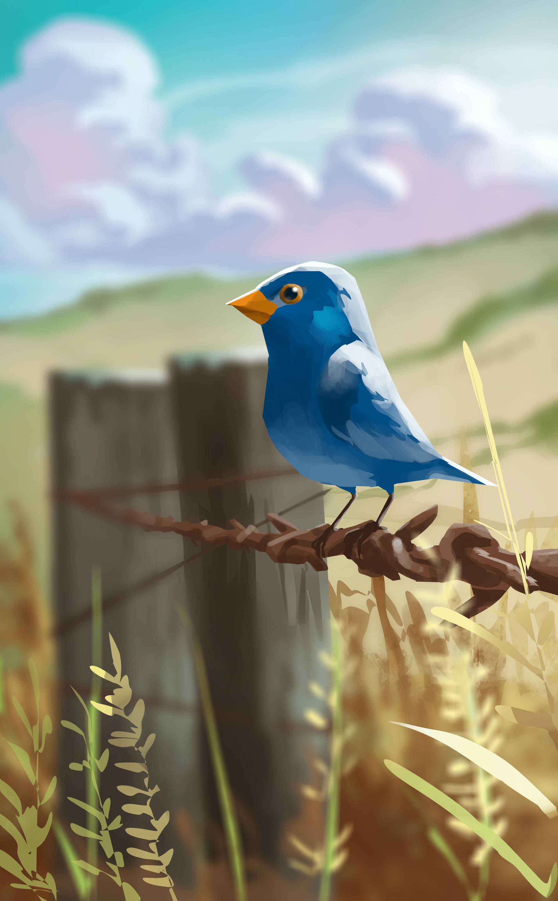 A dazzling blue bird flying through a cloudy sky Picha ya Ukuta