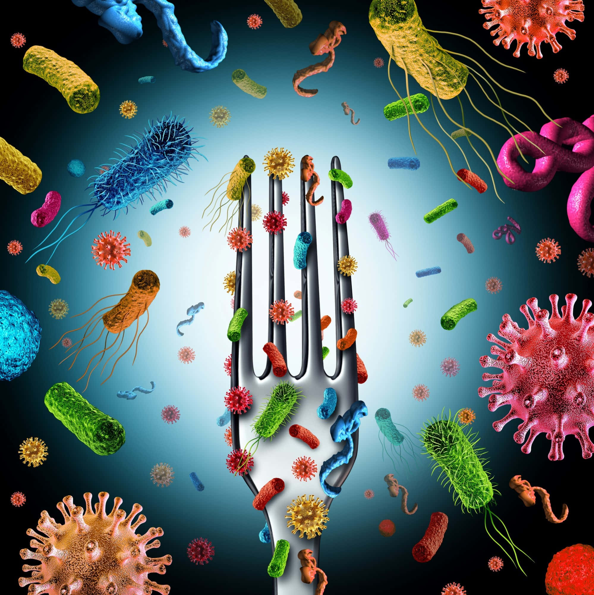 a fork with bacteria and viruses on it Picha ya Ukuta
