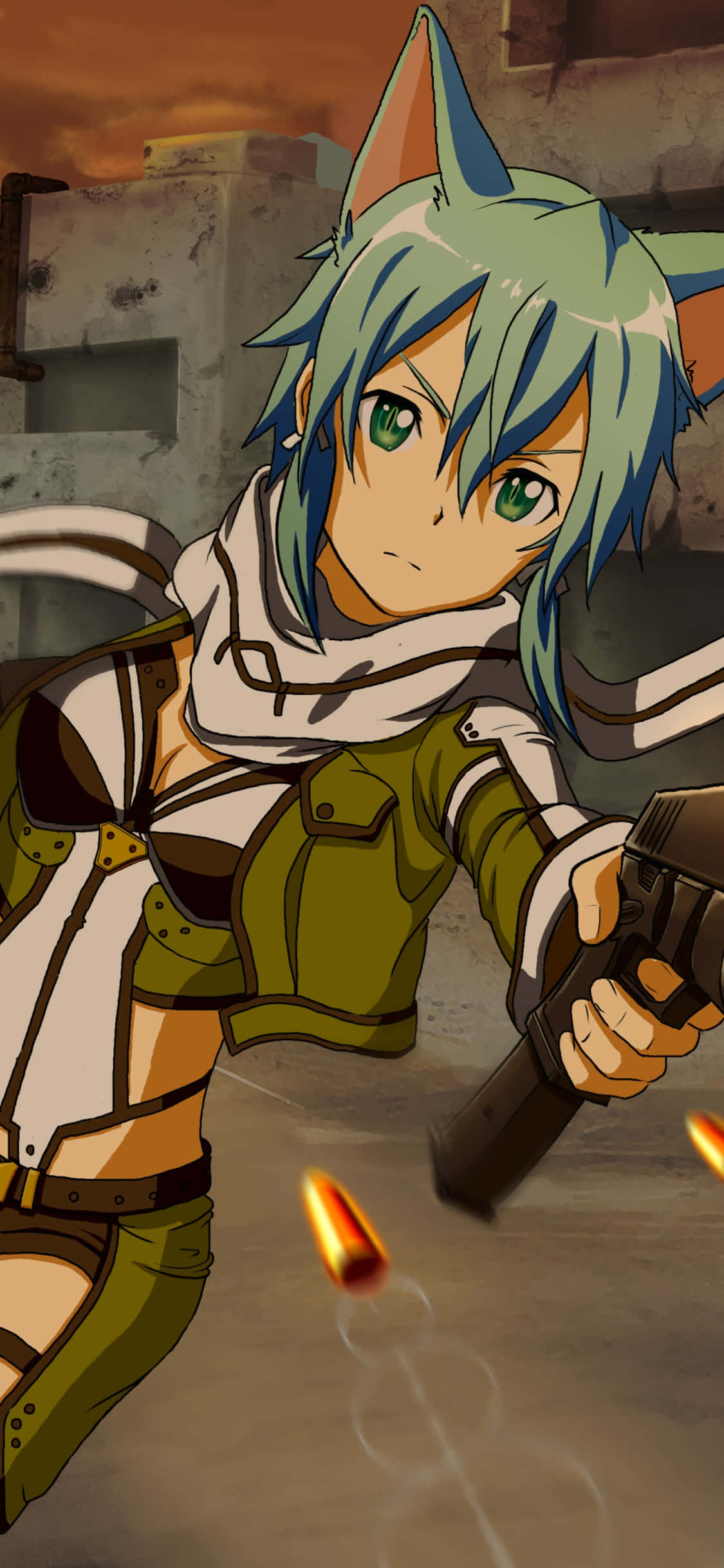 a girl in a green uniform holding a gun Picha ya Ukuta
