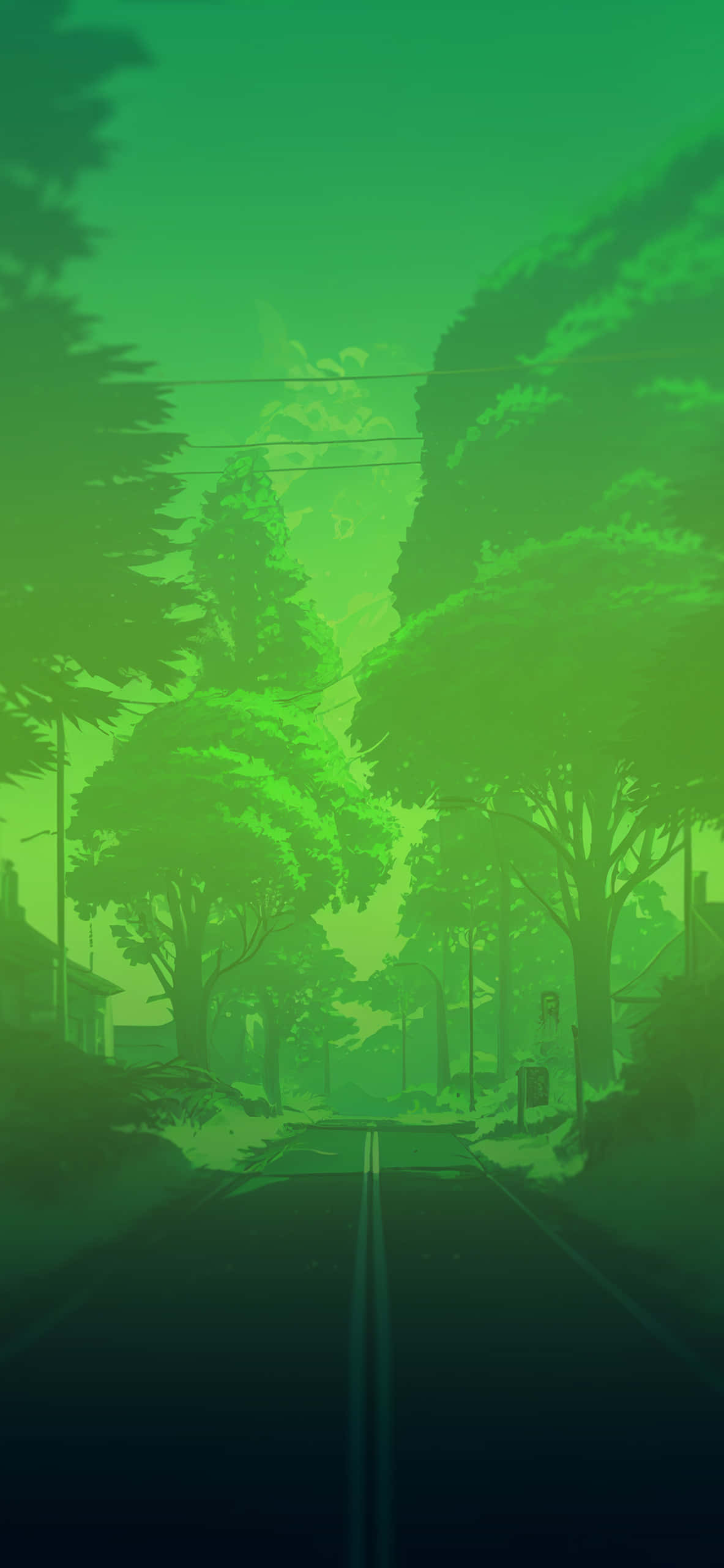 a green road with trees and a street sign Picha ya Ukuta