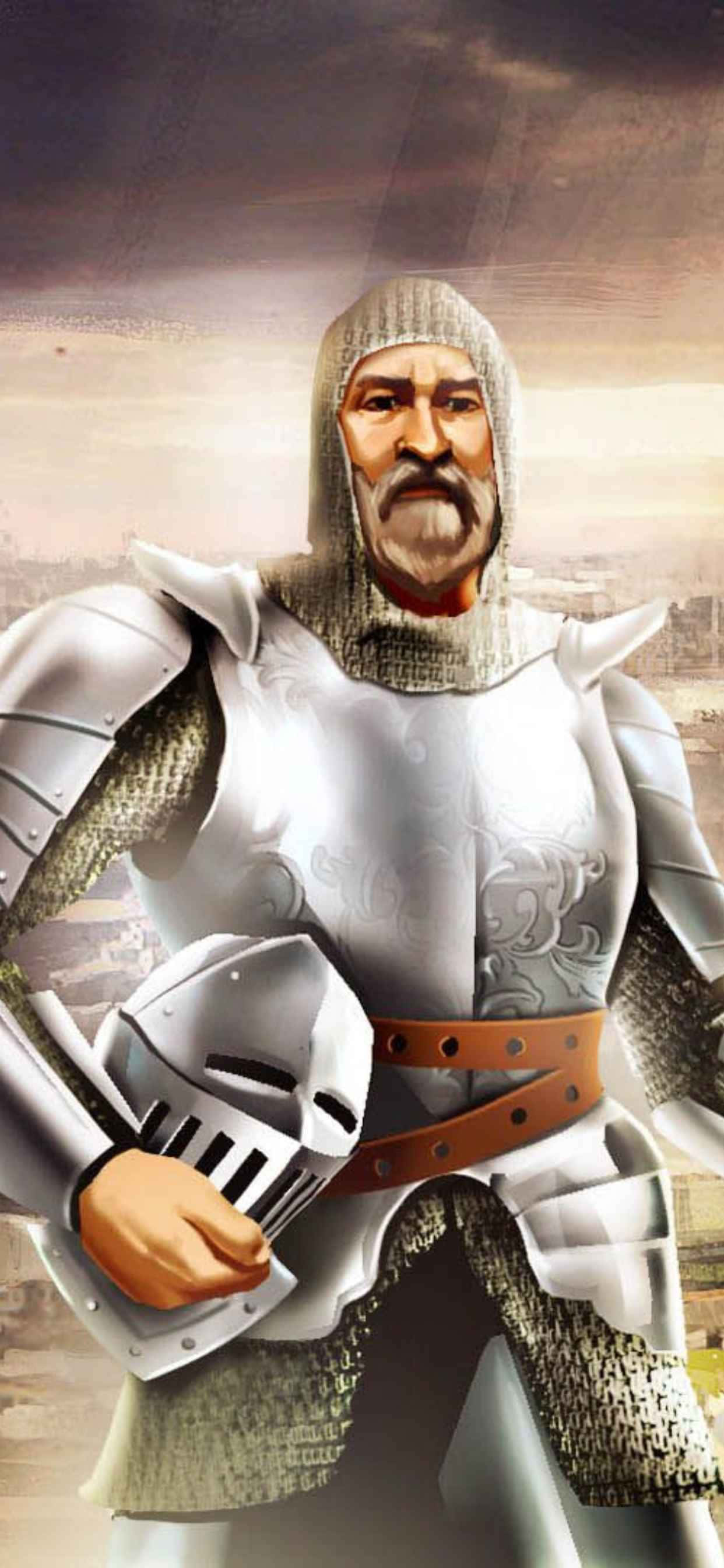 a knight in armor is standing in front of a city Picha ya Ukuta