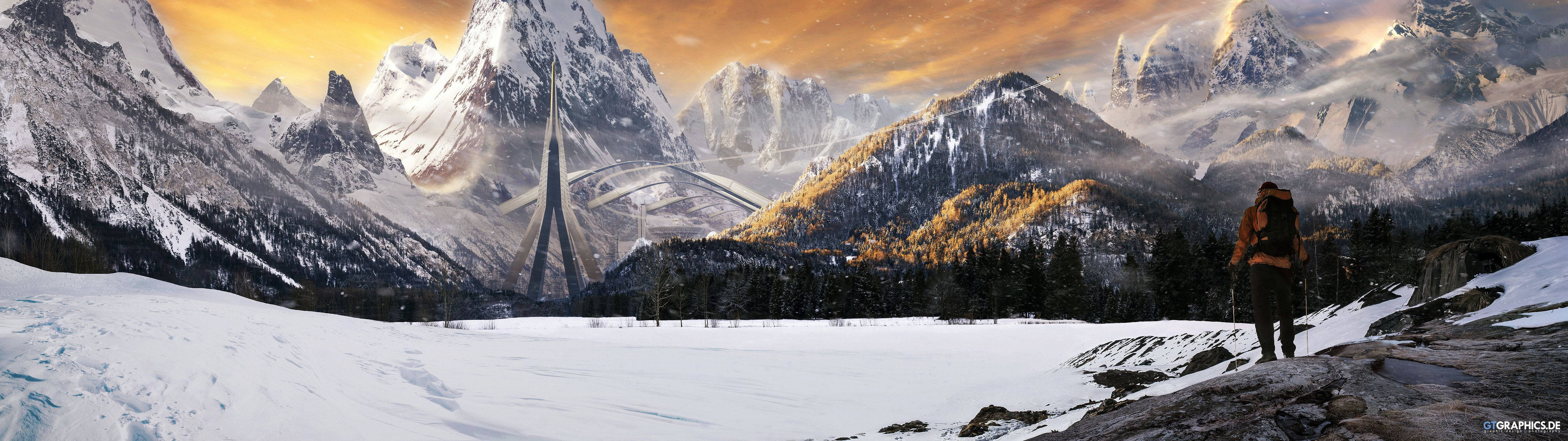 A lone hiker admires a majestic mountain range from below. Picha ya Ukuta