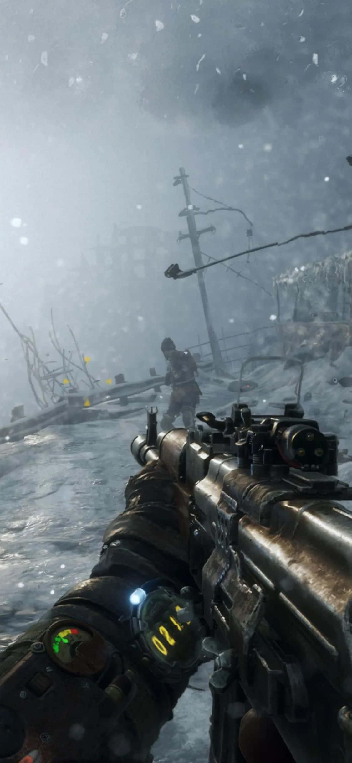 "A man in a gas mask roams the post-apocalyptic landscape of Metro Exodus" Picha ya Ukuta