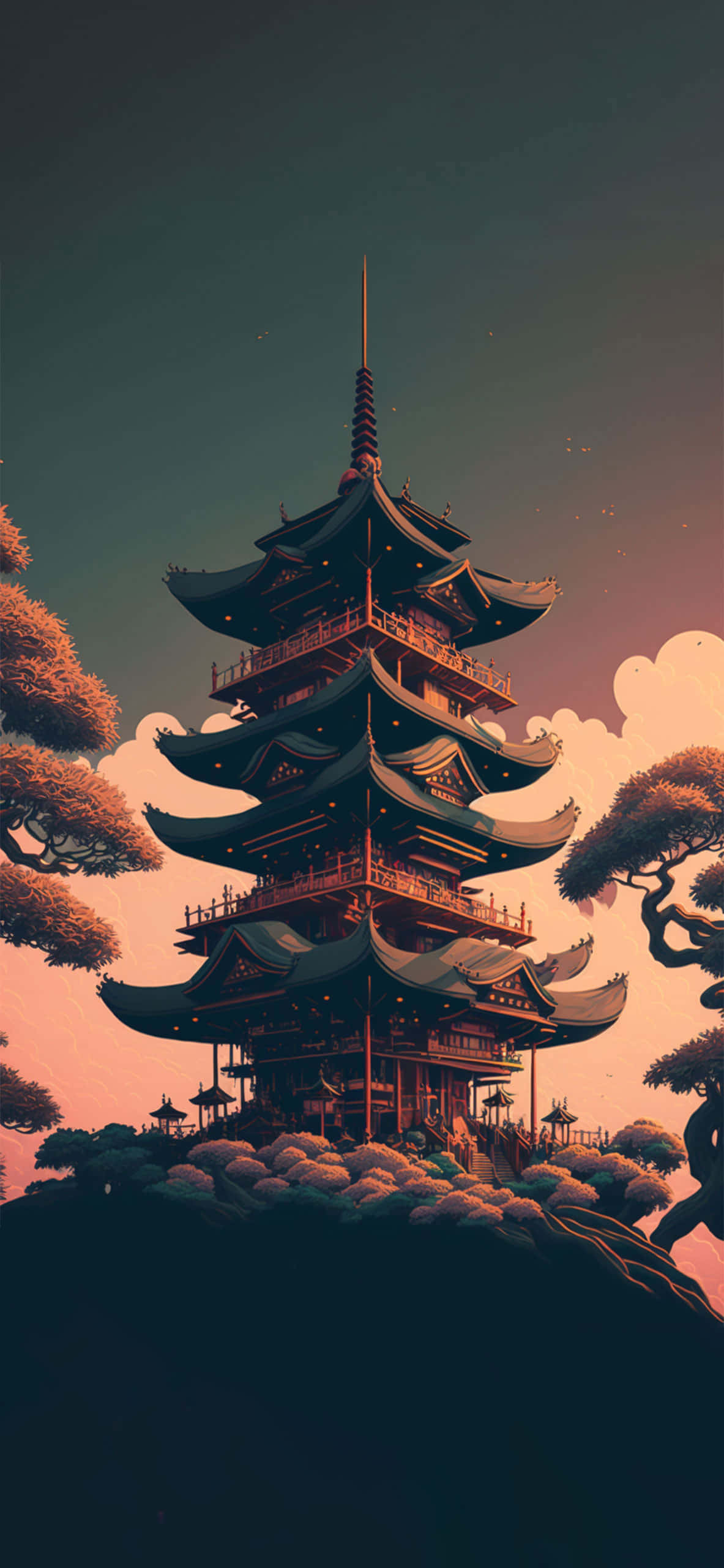 a pagoda on a hill with trees in the background Picha ya Ukuta