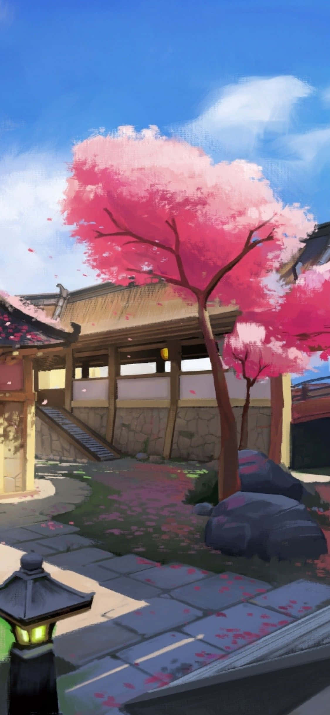 a painting of a pink building with a pink tree Picha ya Ukuta