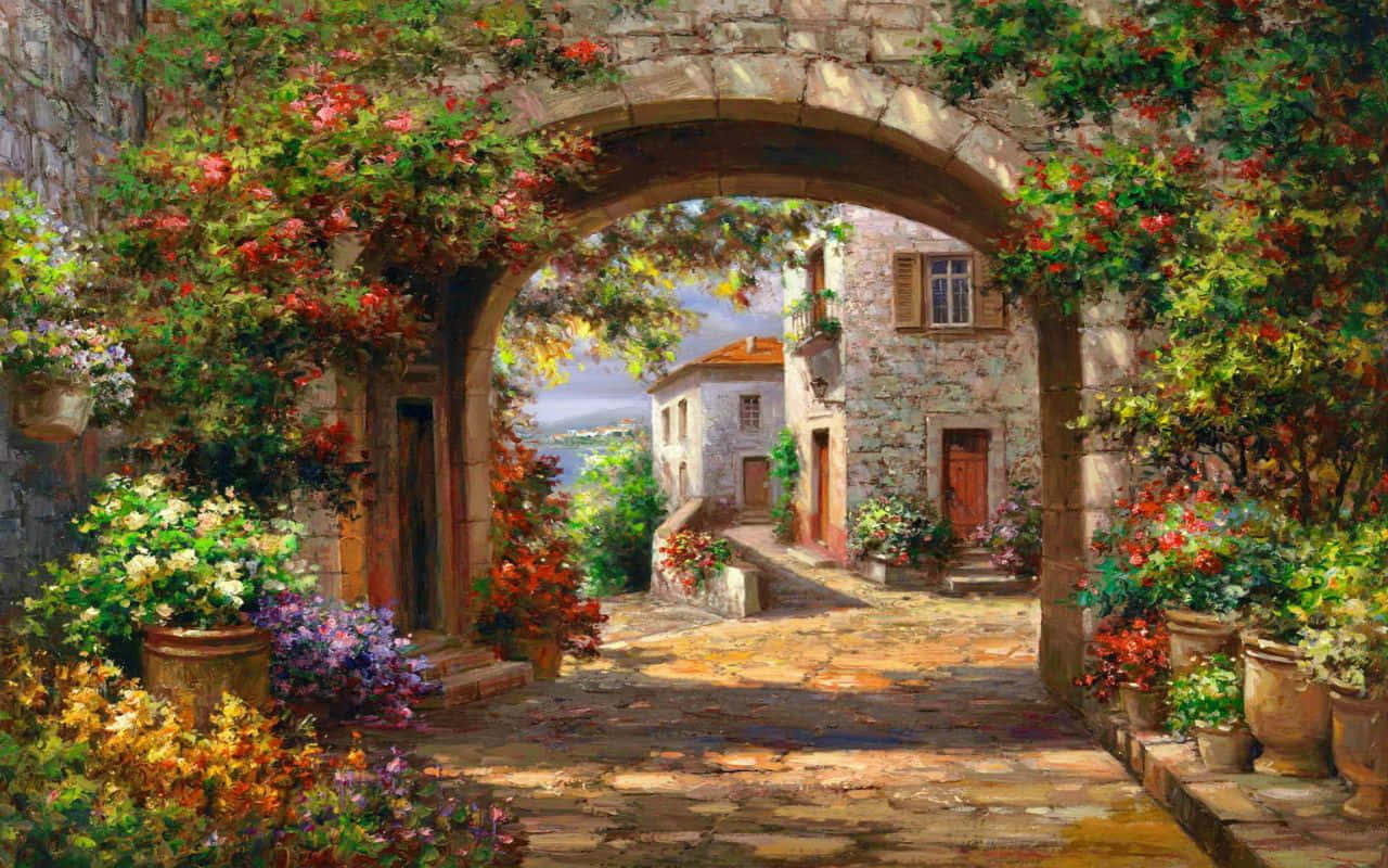 a painting of an archway with flowers Picha ya Ukuta