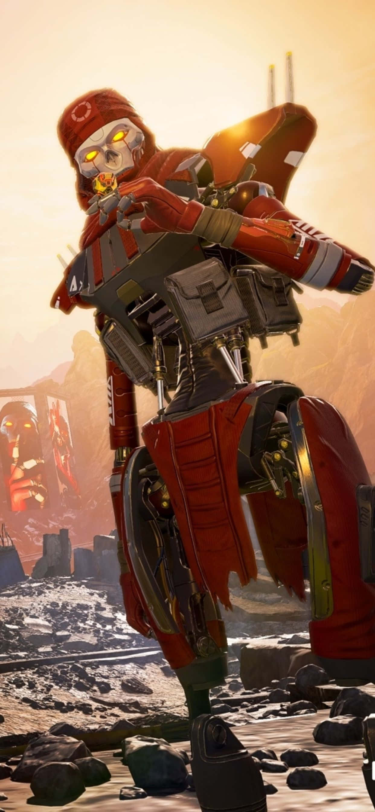 a red robot is standing on a rock Picha ya Ukuta