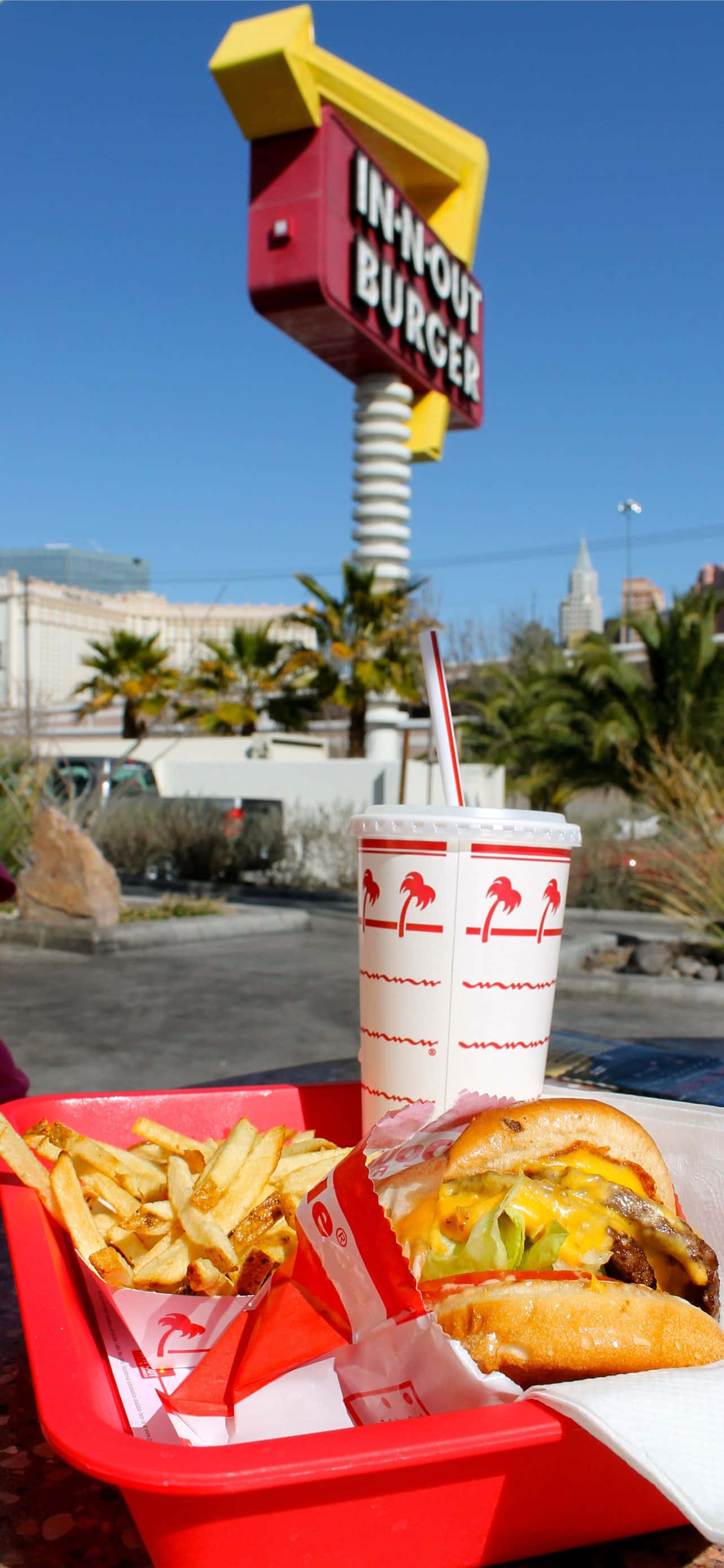 a red tray with a hamburger and fries Picha ya Ukuta