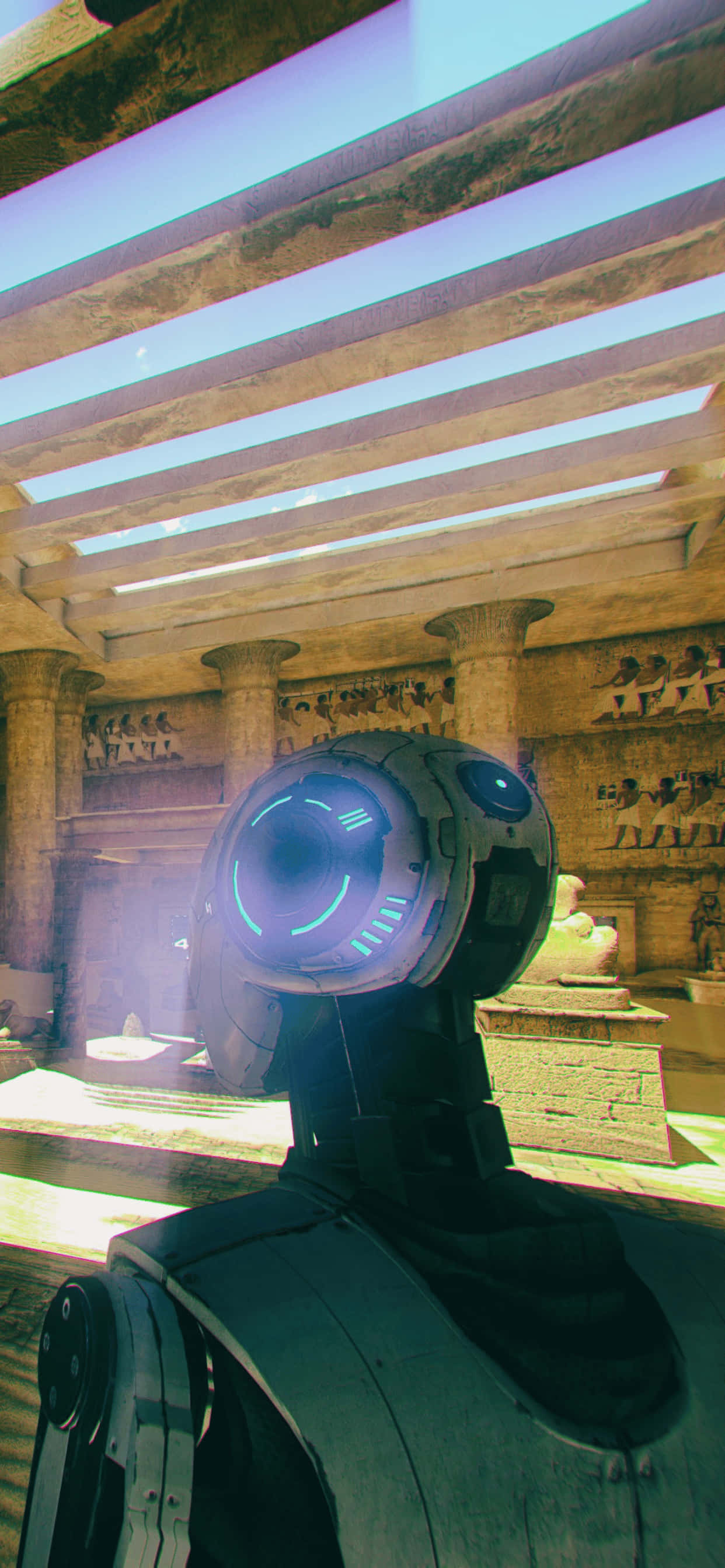 a robot is standing in a room with a statue Picha ya Ukuta