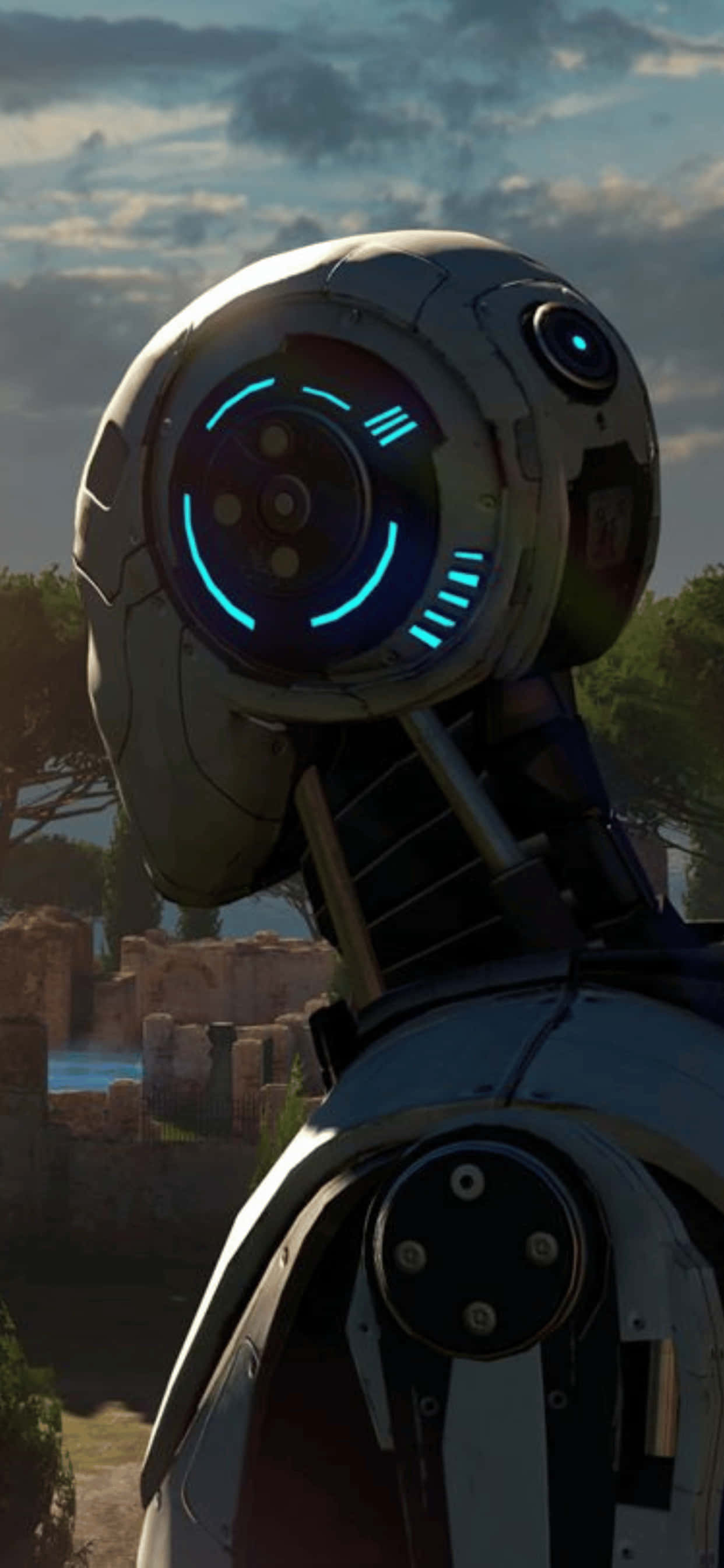 a robot is standing in front of a tree Picha ya Ukuta