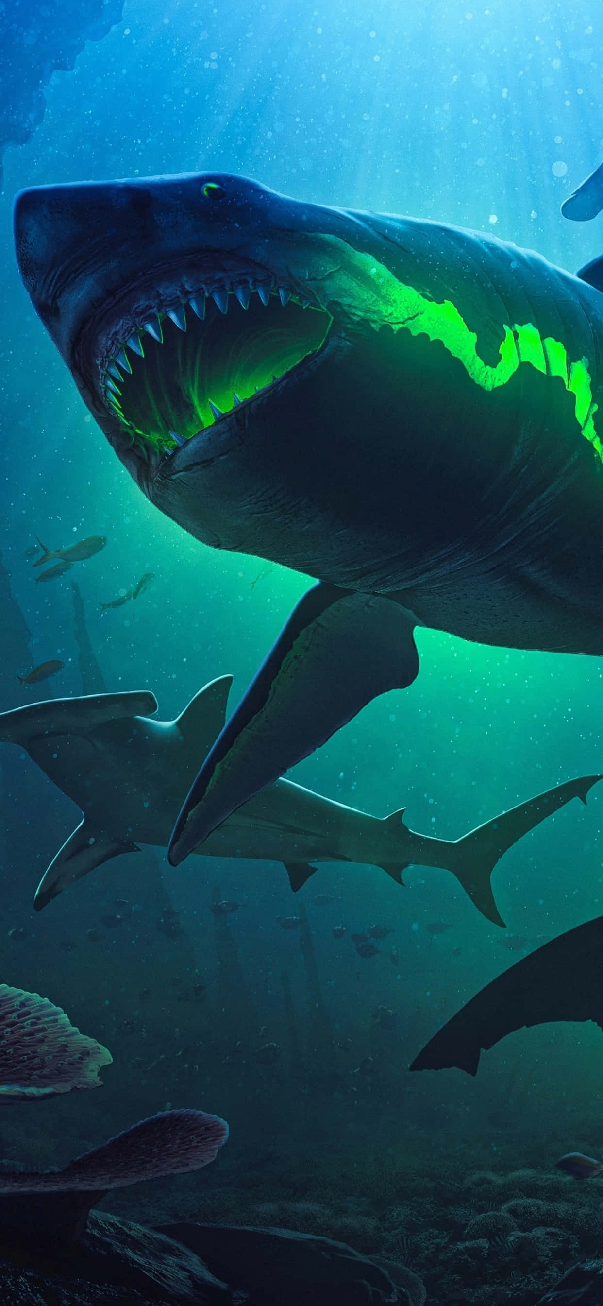 a shark swimming in the ocean with green lights Picha ya Ukuta