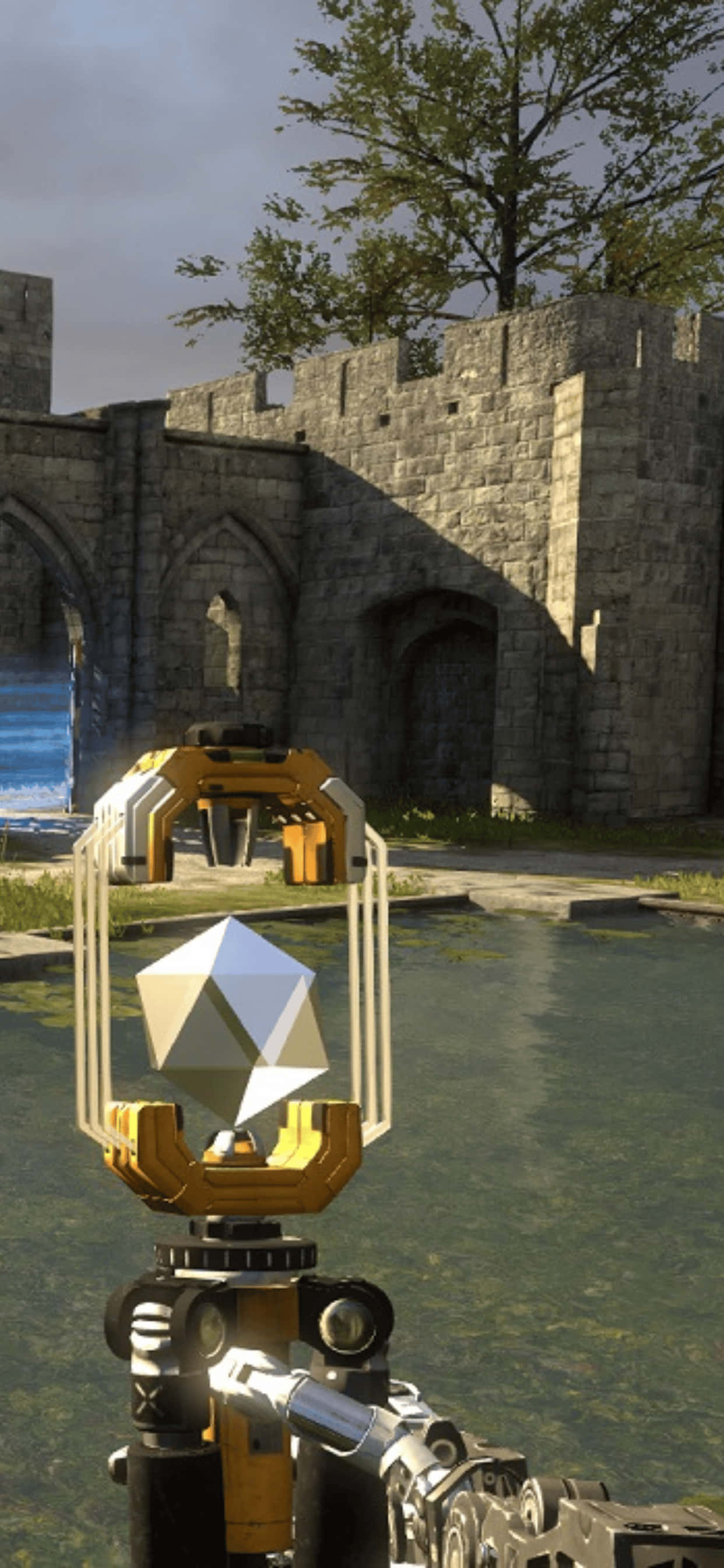 a video game with a gun and a castle Picha ya Ukuta