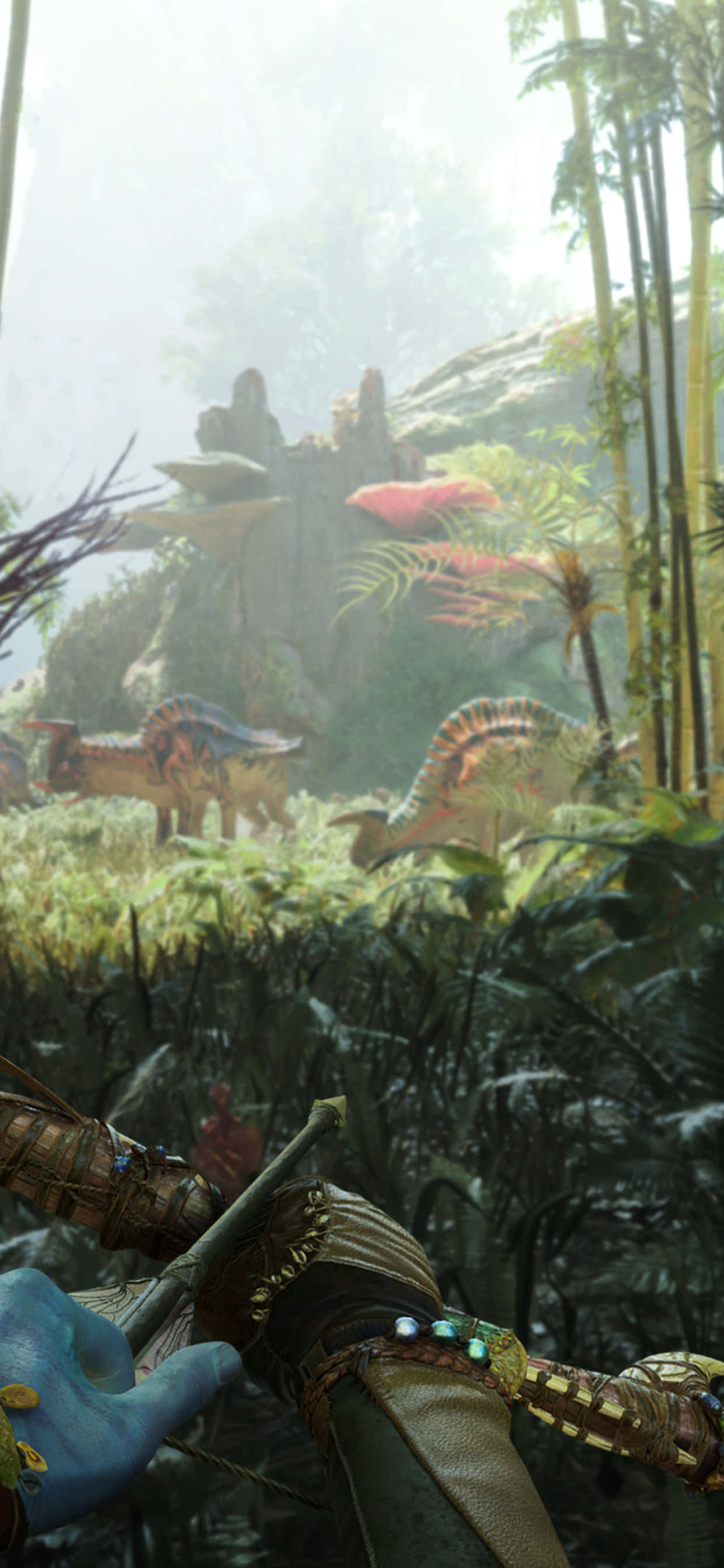 a woman is holding a sword in a jungle Picha ya Ukuta