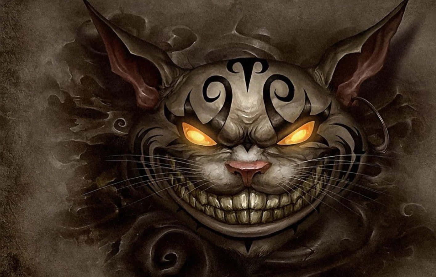 Akisema kwa mwiko, Cheshire Cat anajaza chumba na ufidhuli wake wa michezo. Picha ya Ukuta