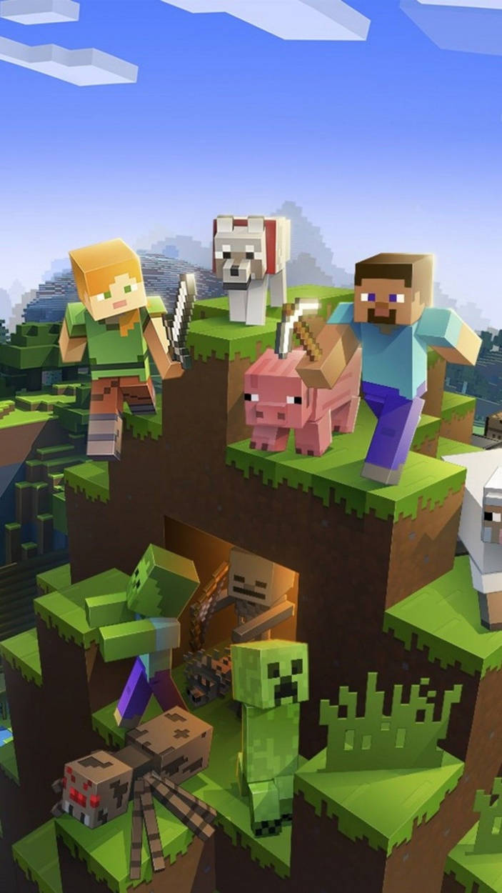 Alex na Steve na Wanyama wa Minecraft kwa iPhone Picha ya Ukuta