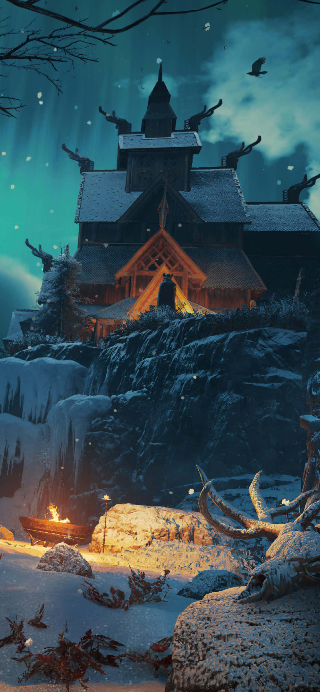 Uwakilishi wa Kuvutia wa Assassin's Creed Valhalla kwenye iPhone XS Max Picha ya Ukuta