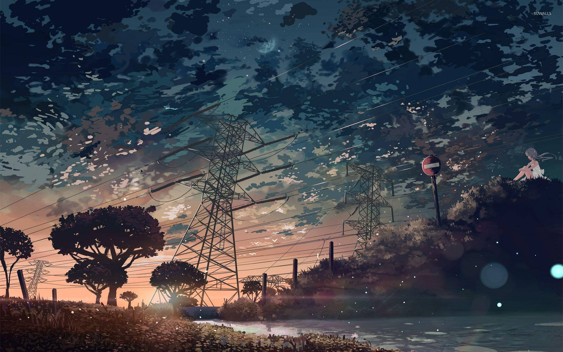 Anime Aesthetic ya Machweo na Nyaya za Umeme Picha ya Ukuta