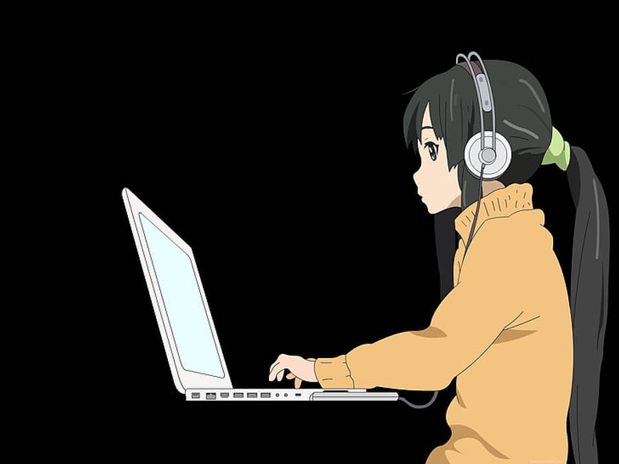 Anime Girl Akifanya Kazi kwenye Laptop Nyembamba Nyeupe Picha ya Ukuta