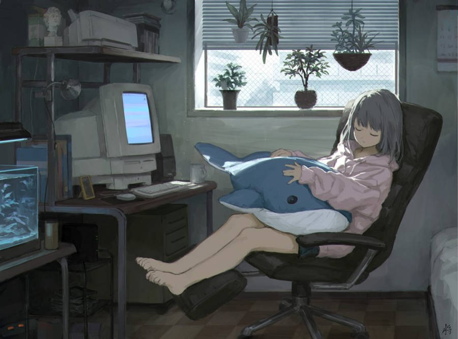 Anime Mwanamke Anayemlala Mbele ya Laptop Picha ya Ukuta