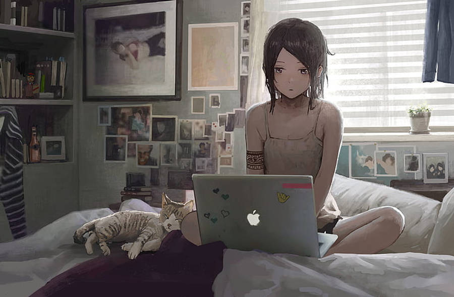 Anime Mwanamke Anayetumia Laptop Kwenye Kitanda Picha ya Ukuta