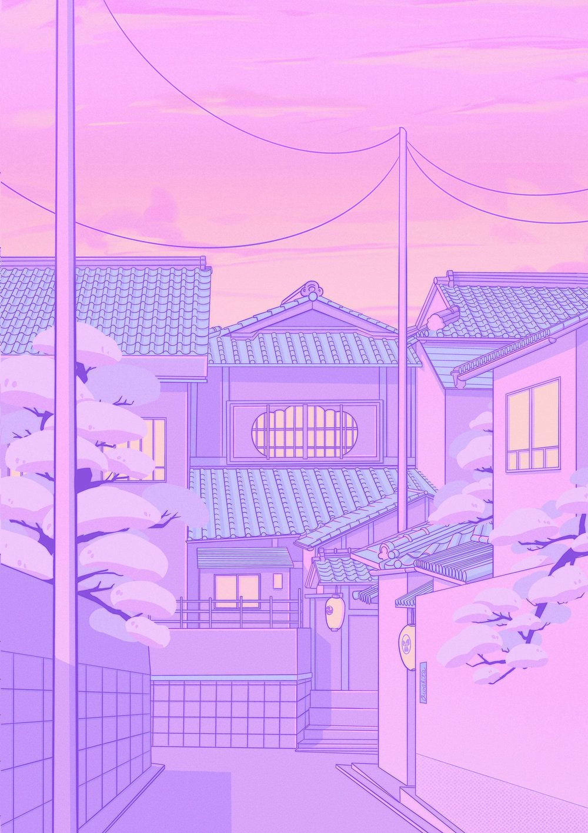 Anime Street Pastel Sky Background Picha ya Ukuta