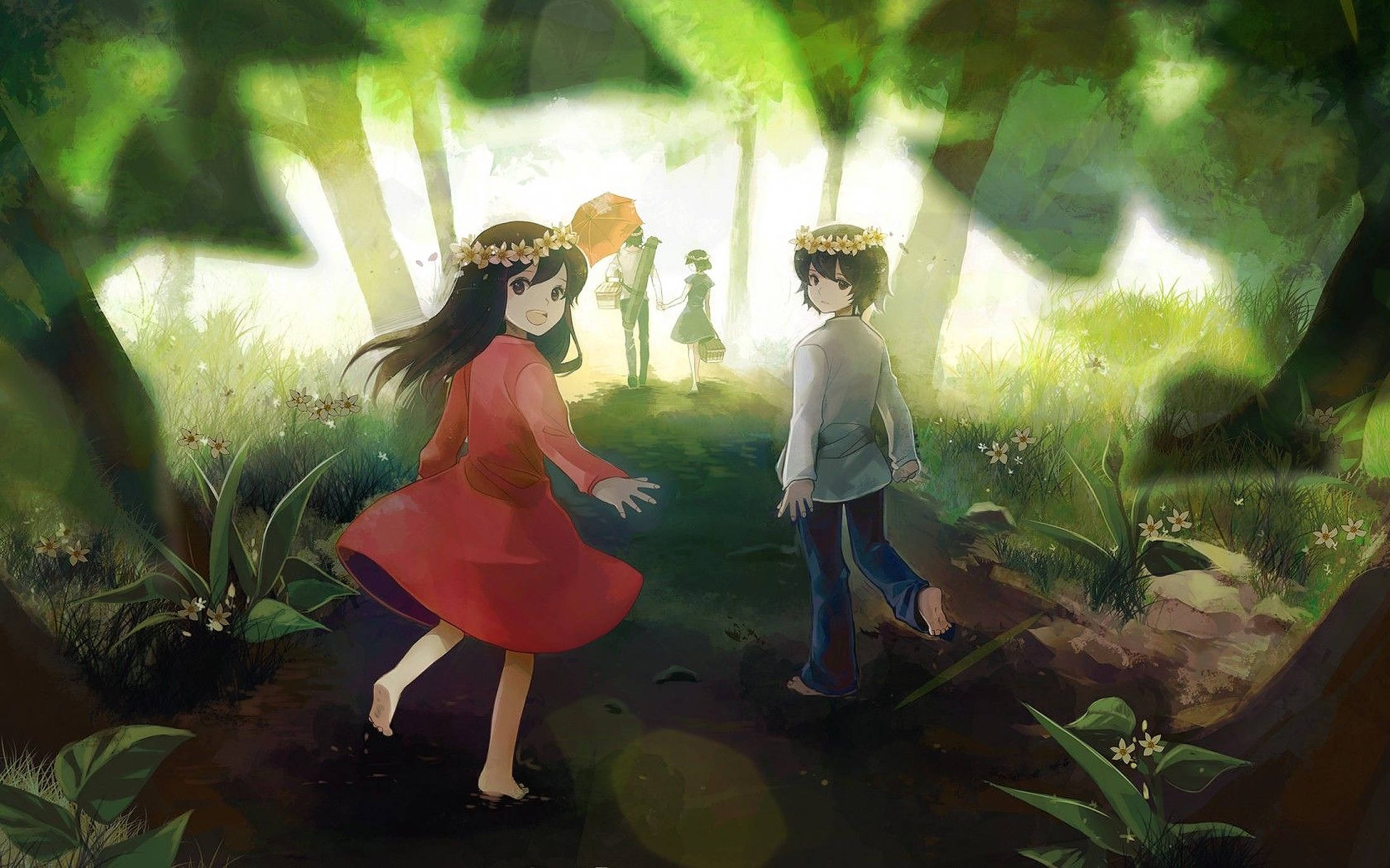 Anime Watoto Katika Msitu Picha ya Ukuta