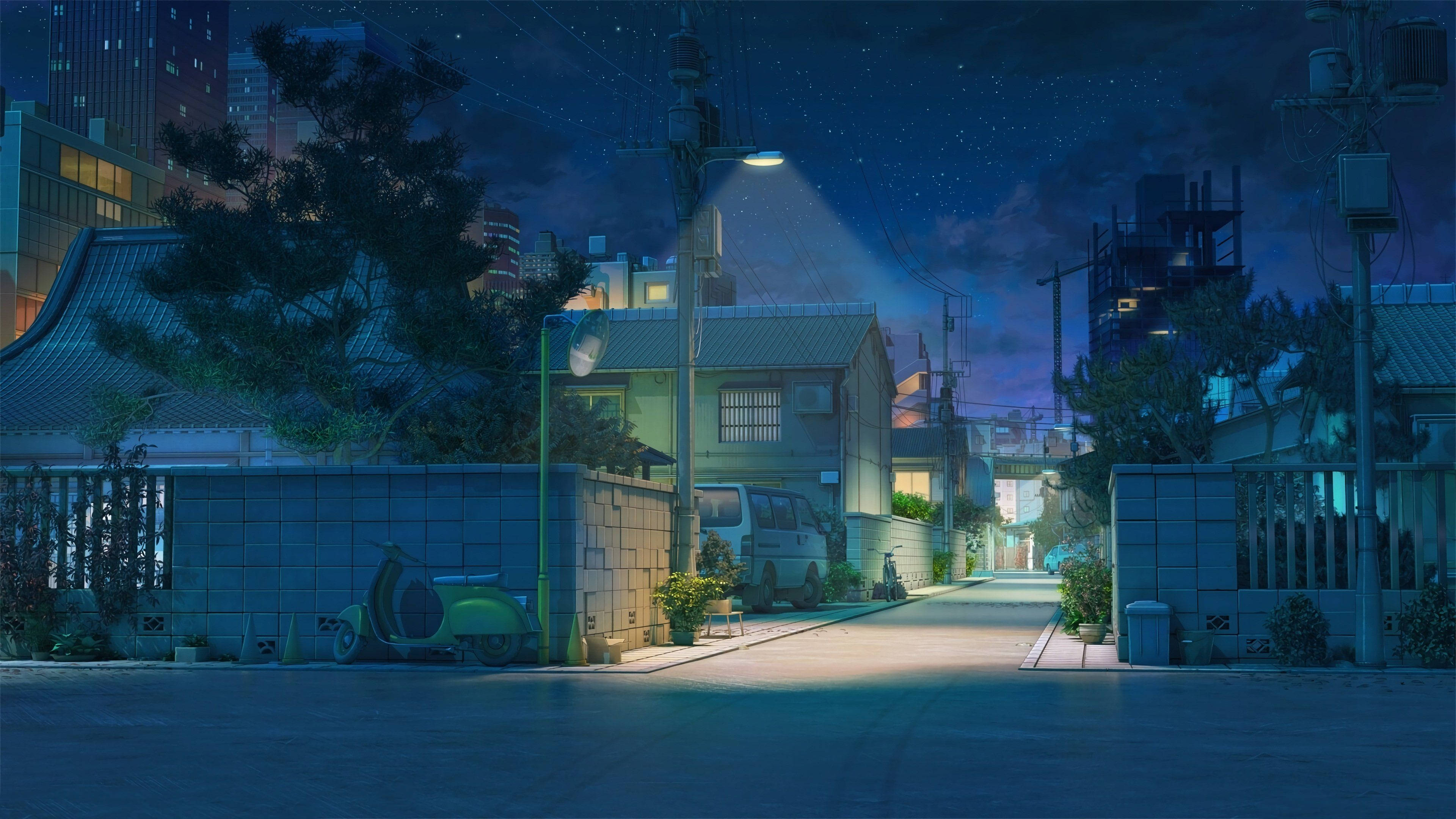 Anime ya Bluu Mtaa wa Lofi Aesthetic Picha ya Ukuta