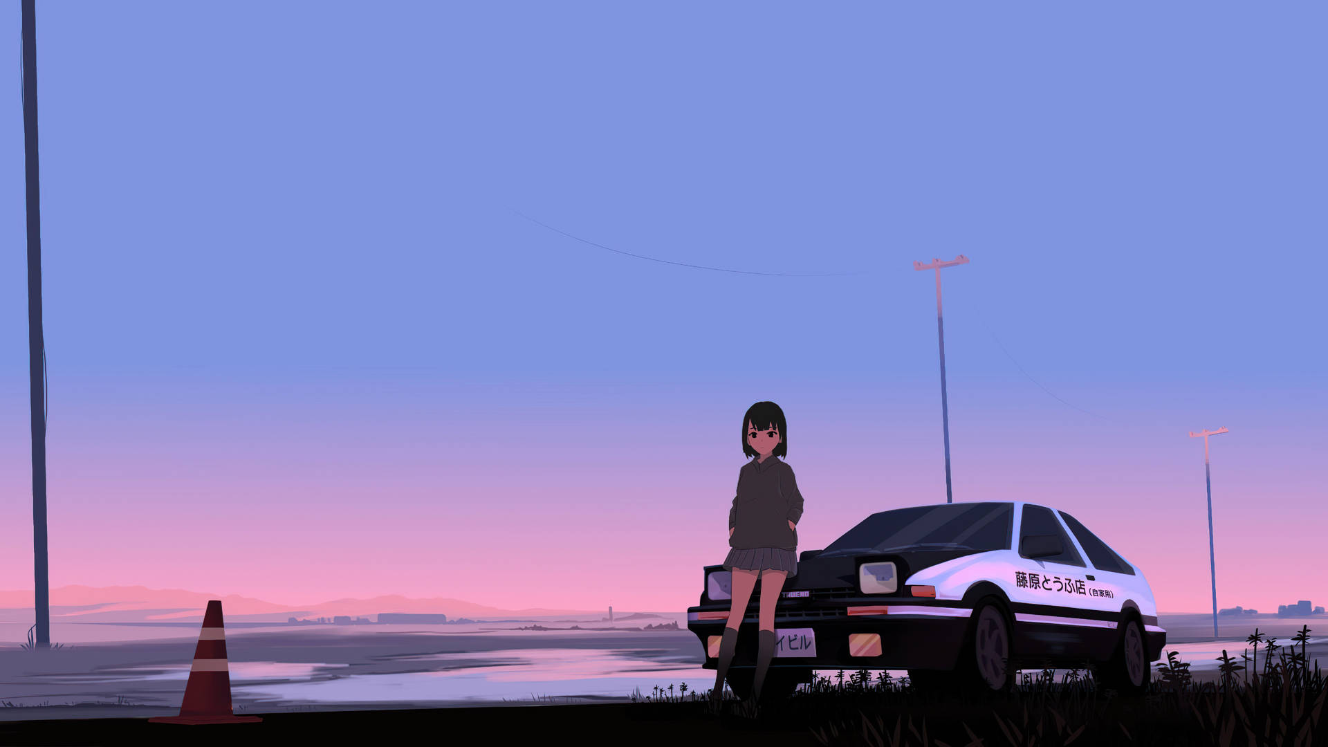 Anime ya Gari na Anga la Pasteli Picha ya Ukuta