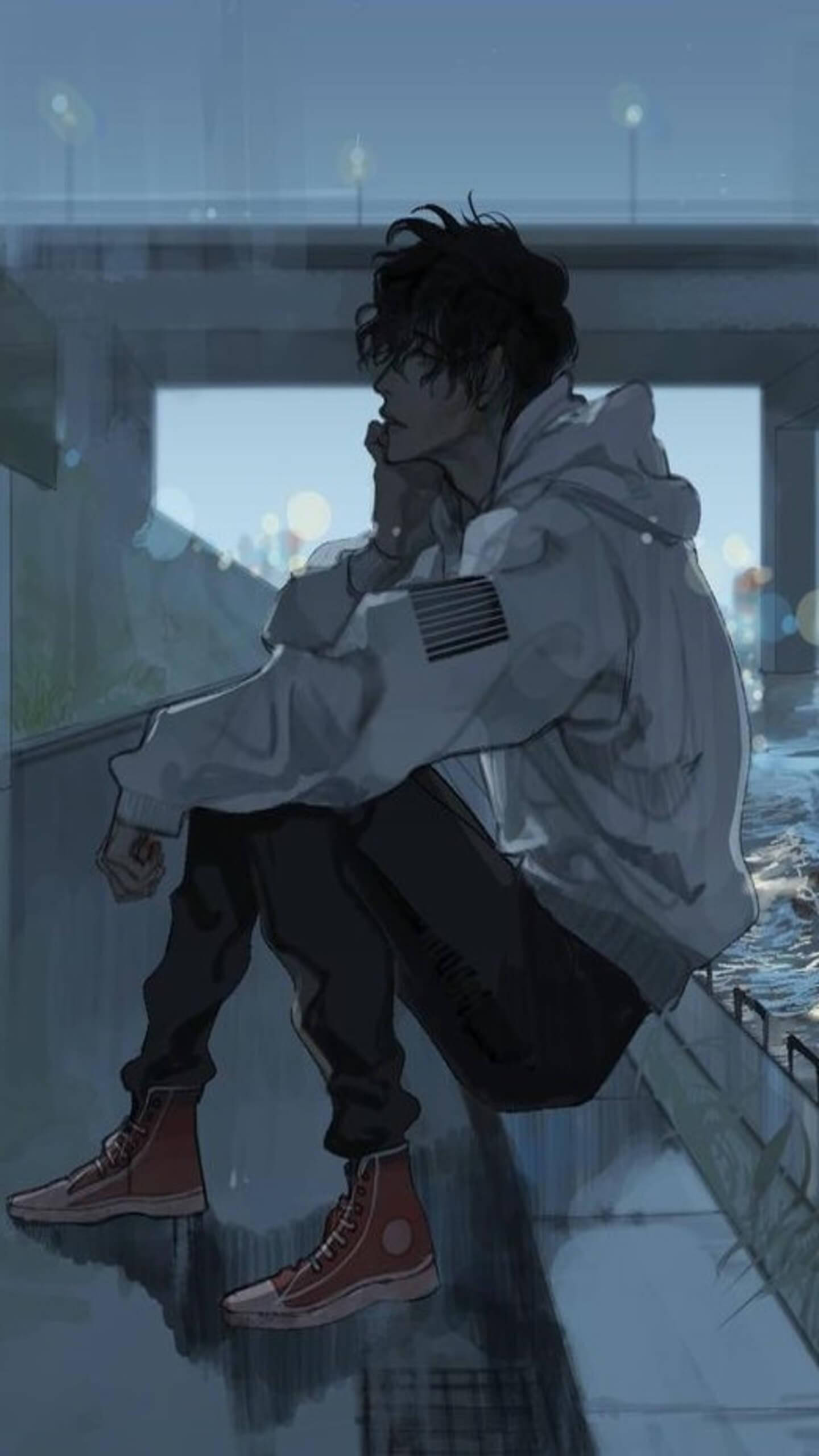Anime ya Kihuzuni ya Koti Nyeupe Aesthetic Picha ya Ukuta