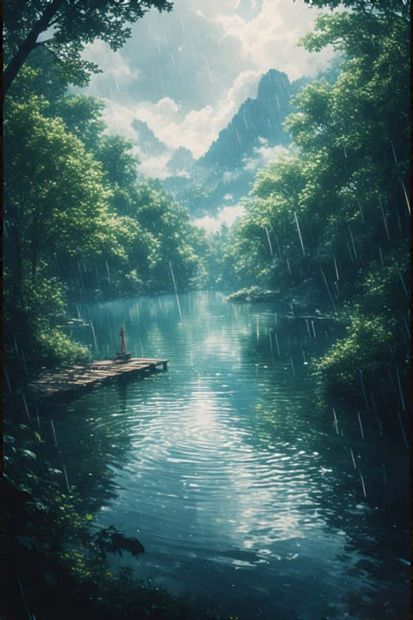 Anime Ziwa la Mvua katika Msitu wa Kijani 4K Picha ya Ukuta