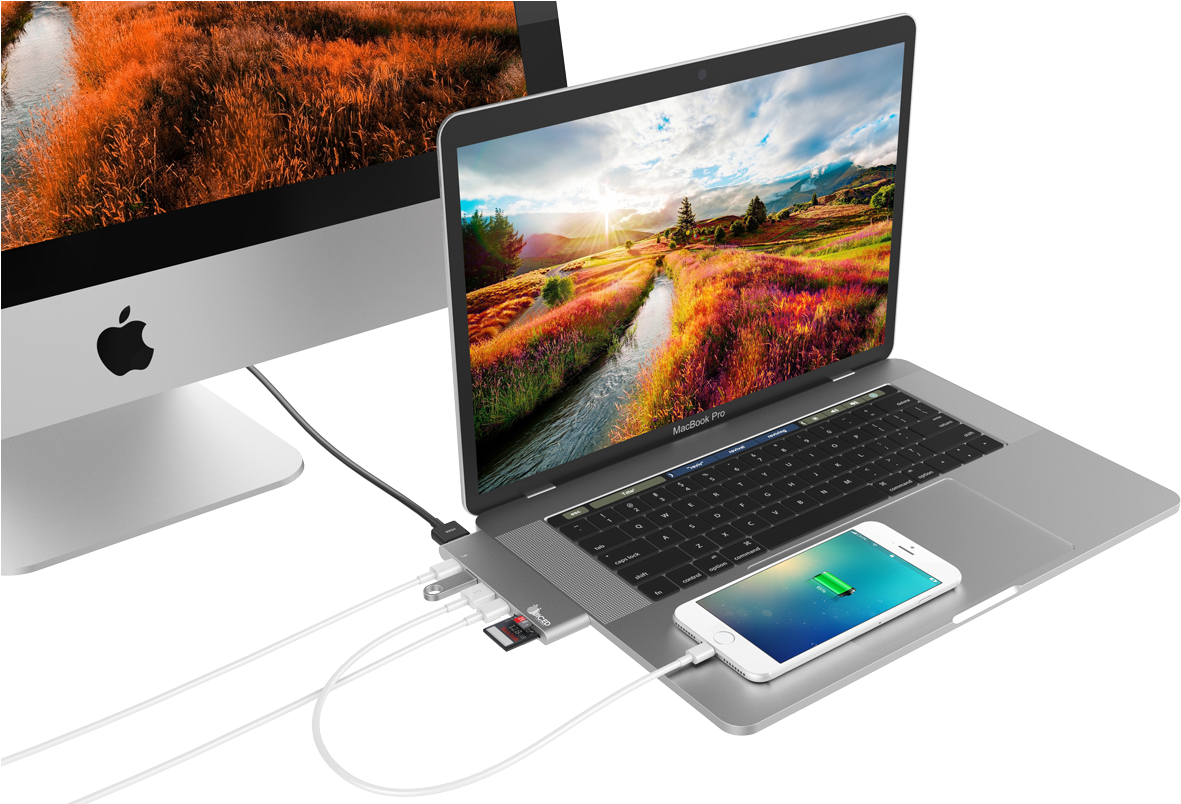 Apple Mac Book Pro na iPhone na Mac Setup Picha ya Ukuta