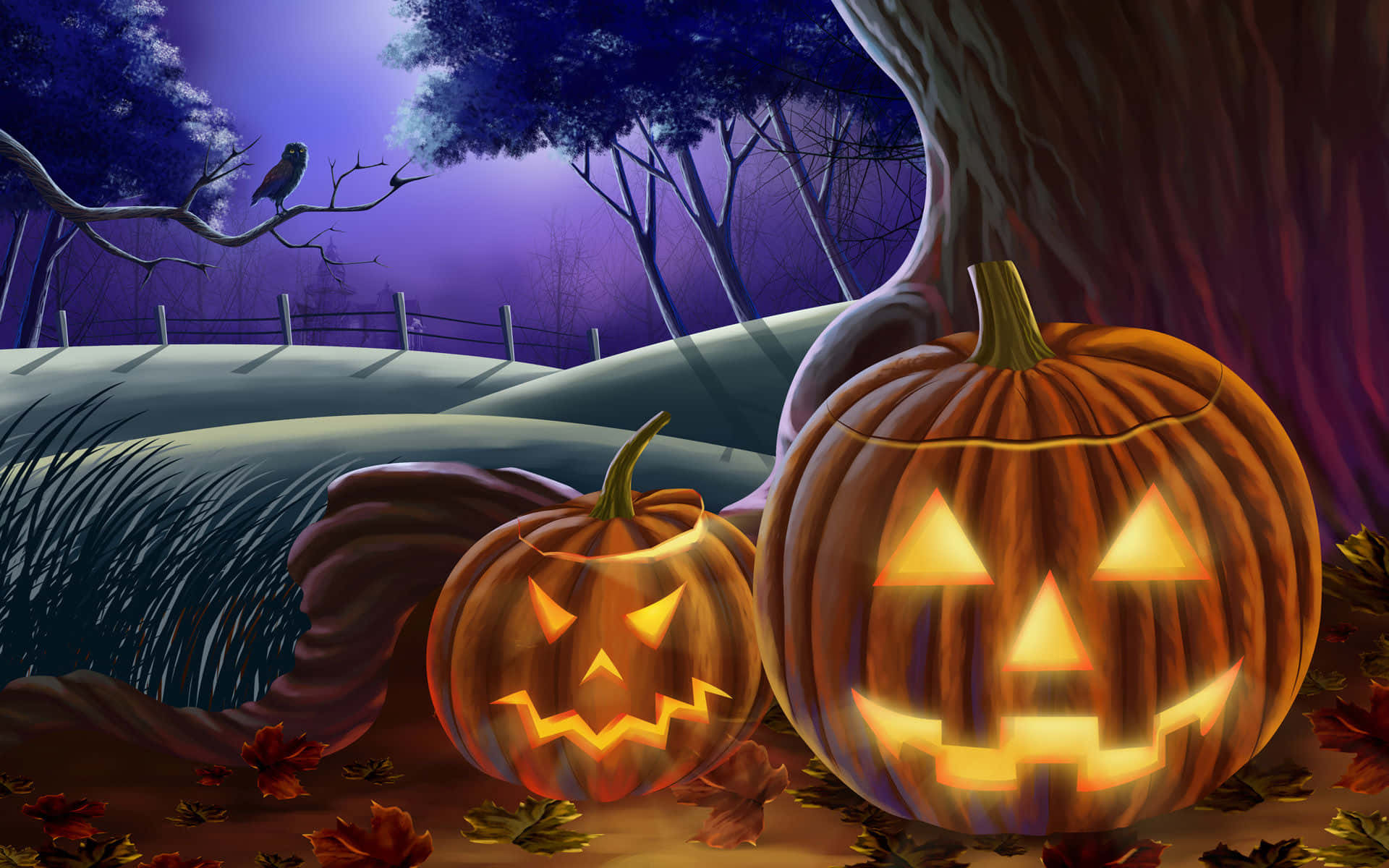 Asili ya Mabuyu ya Halloween Kwenye Kamba la Mti Picha ya Ukuta