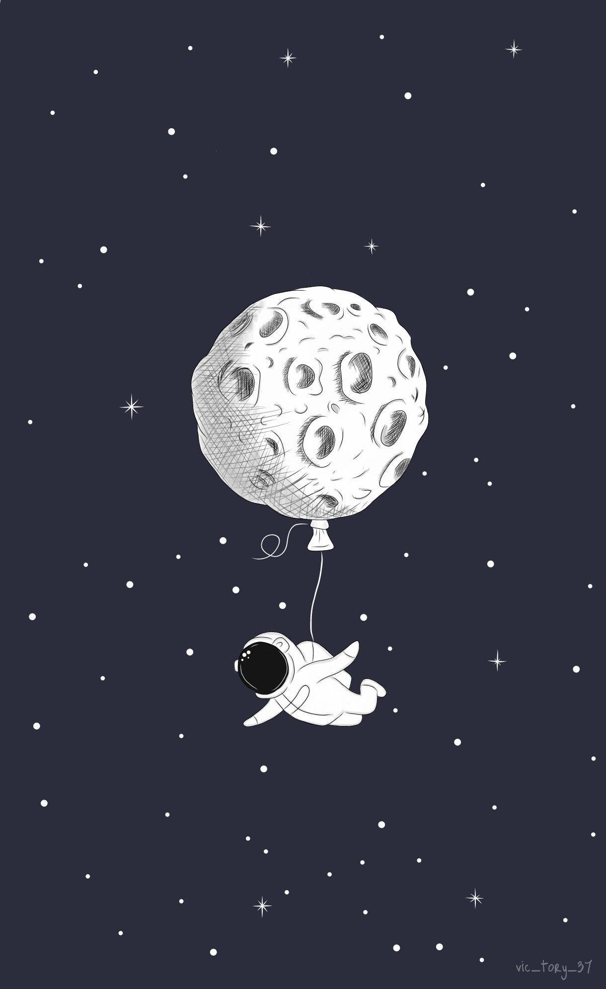Astronaut wa Katuni na Baluni ya Mwezi Picha ya Ukuta
