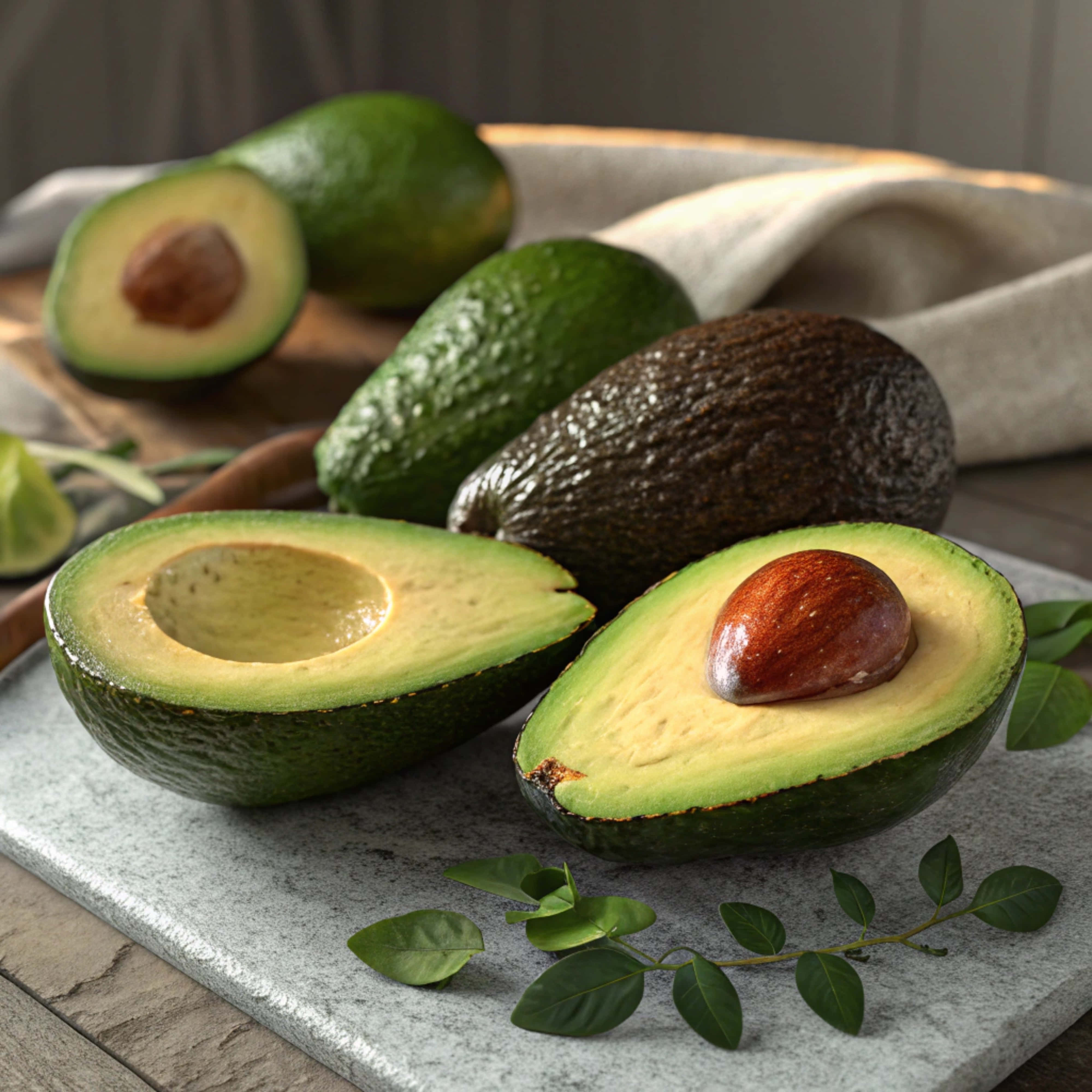 Avokado safi nusu na kamili juu ya mwamba wa marumaru Picha ya Ukuta