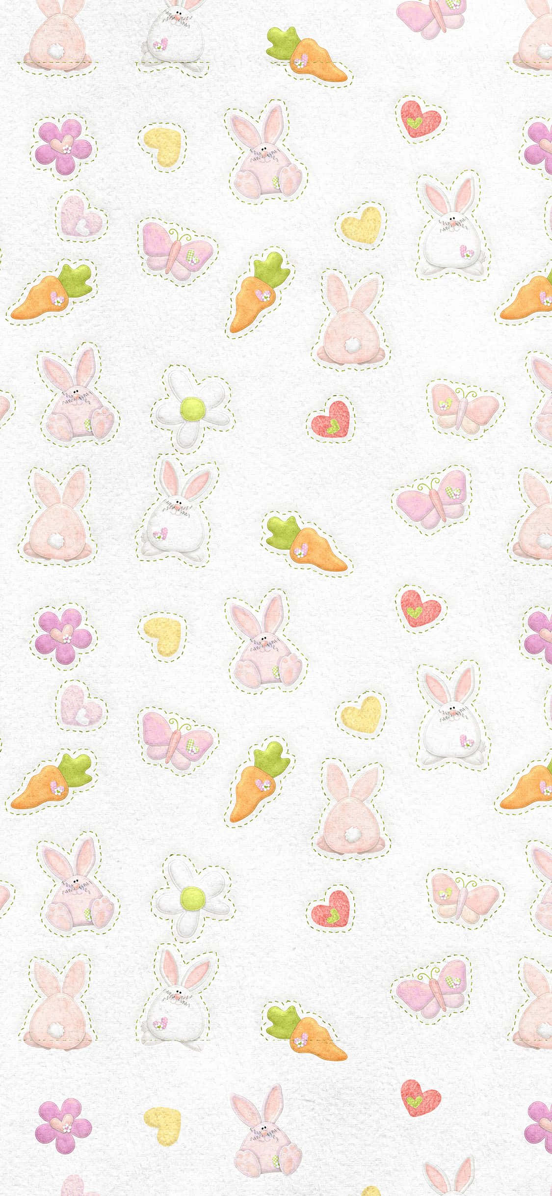 bakgraundi nyeupe na muundo wa bunnies na karoti Picha ya Ukuta