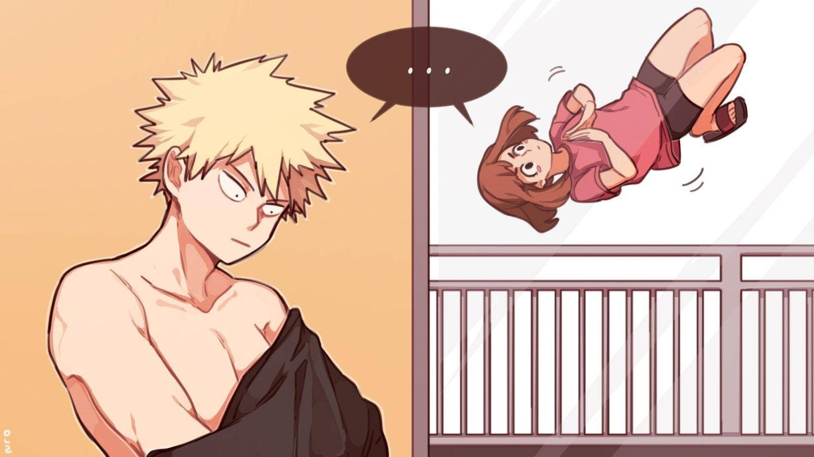 Bakugo Mzuri Akibadilisha Nguo Ochako Akimtazama Picha ya Ukuta