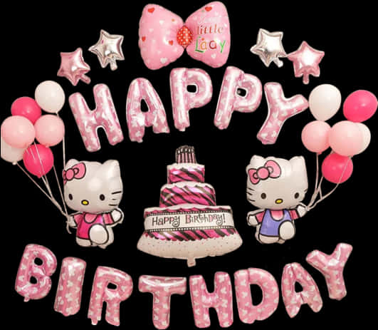 Baluni za Siku ya Kuzaliwa na Keki ya Hello Kitty Picha ya Ukuta