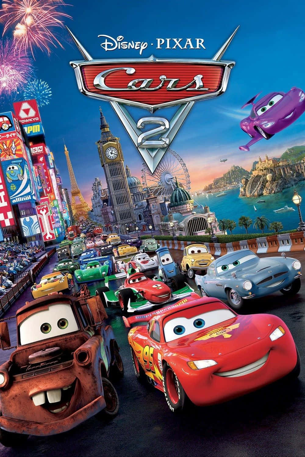 bango la filamu ya Cars 2 lenye magari na fataki Picha ya Ukuta