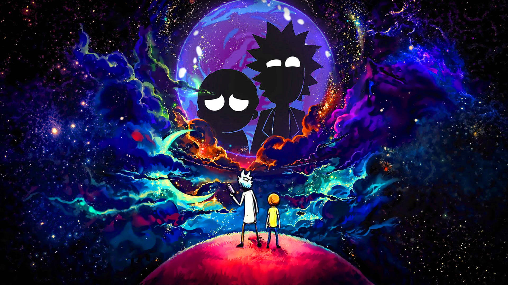 Bango la Rick na Morty lenye Mandhari ya Galaxy Picha ya Ukuta