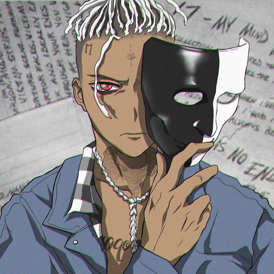 Barakoa Nyeusi na Nyeupe ya Xxxtentacion Katika Mtindo wa Anime Picha ya Ukuta