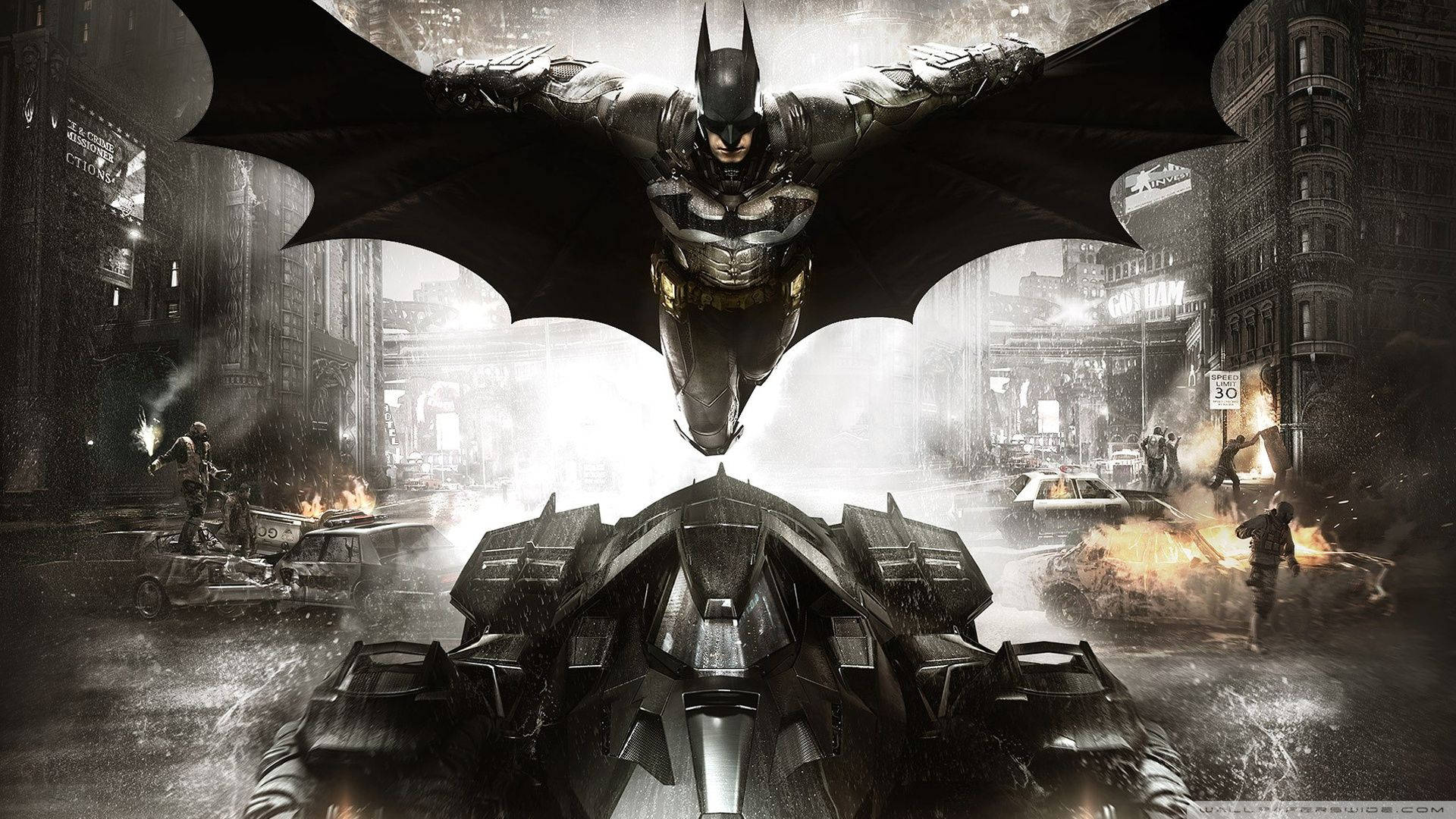 Batman Akiruka Juu ya Batmobile Picha ya Ukuta