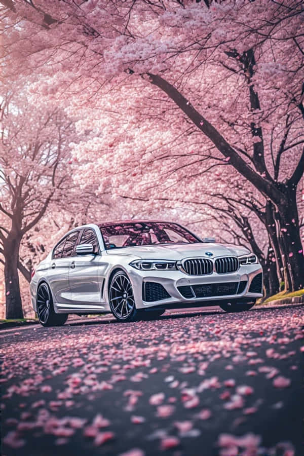BMW Nyeupe ya Kifahari chini ya Maua ya Cherry Picha ya Ukuta